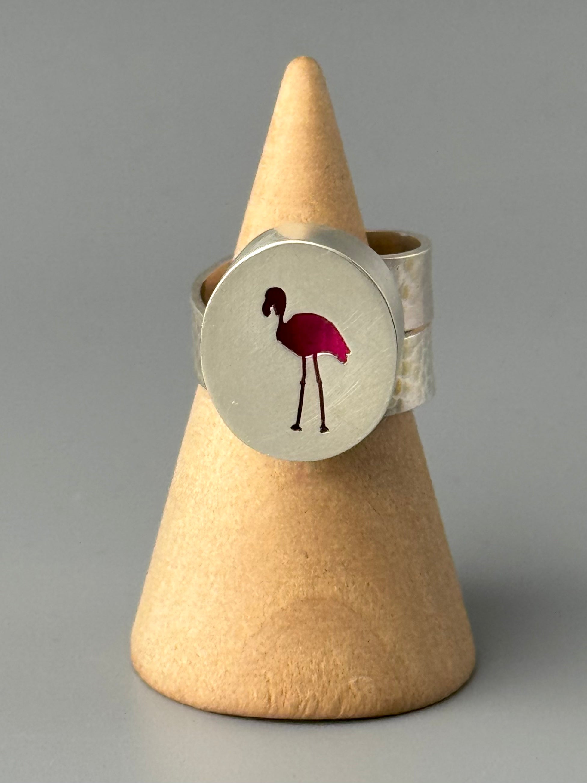 •ROSA• silver + pink flamingo shadowbox adjustable ring