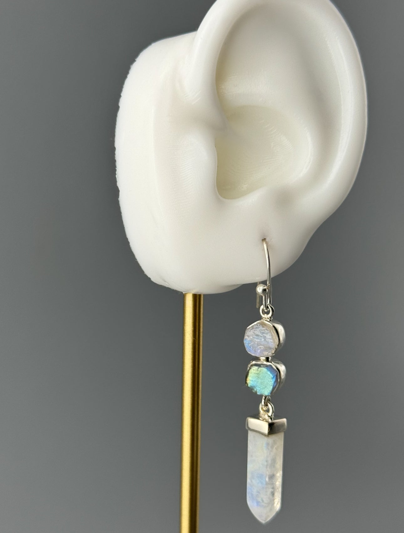 •RAINBOW MOONSTONE + LABRADORITE - DOT DOT DASH• silver dangle earrings