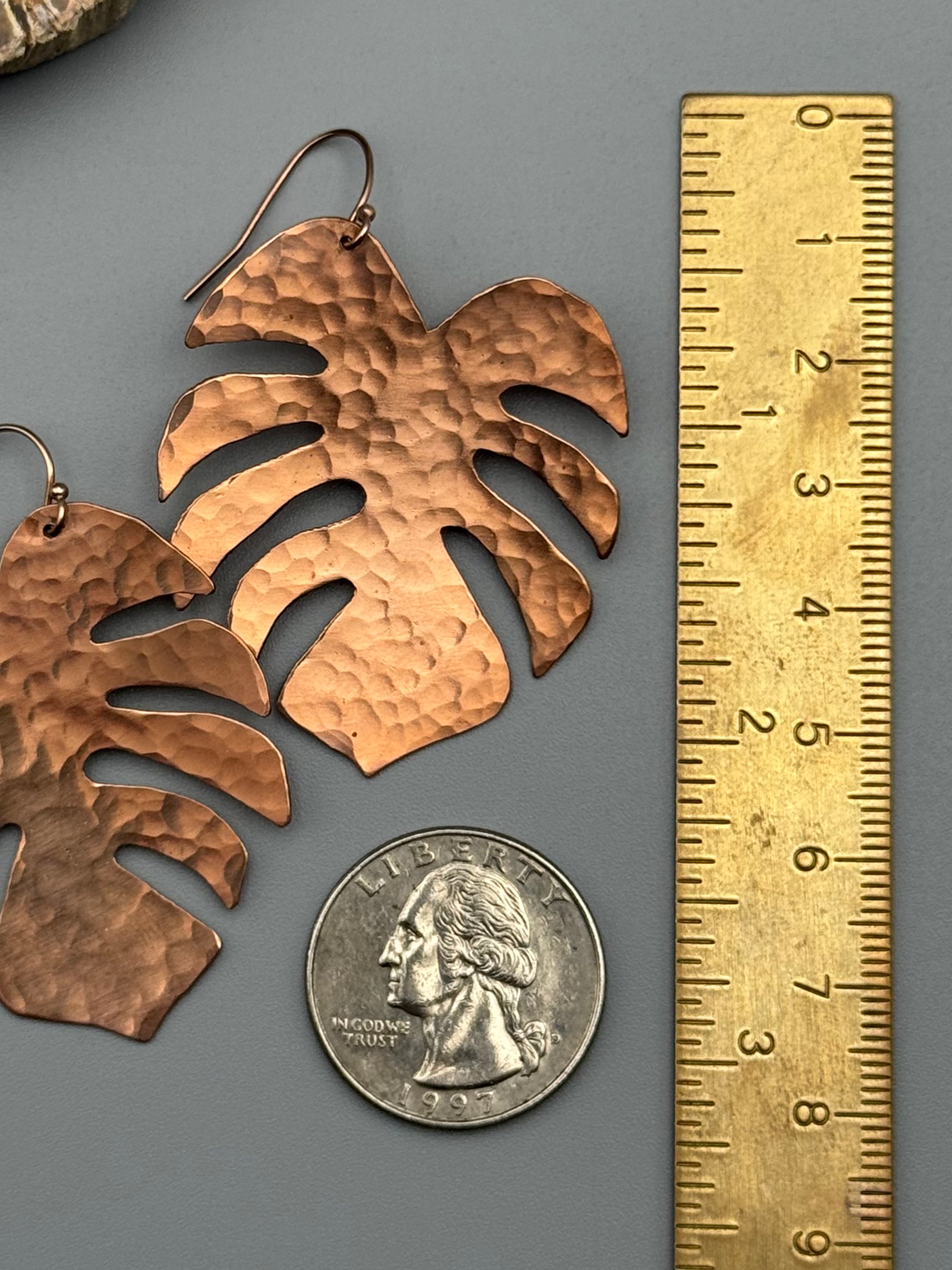 •MEDIUM MONSTERA• rose gold leaf dangle earrings