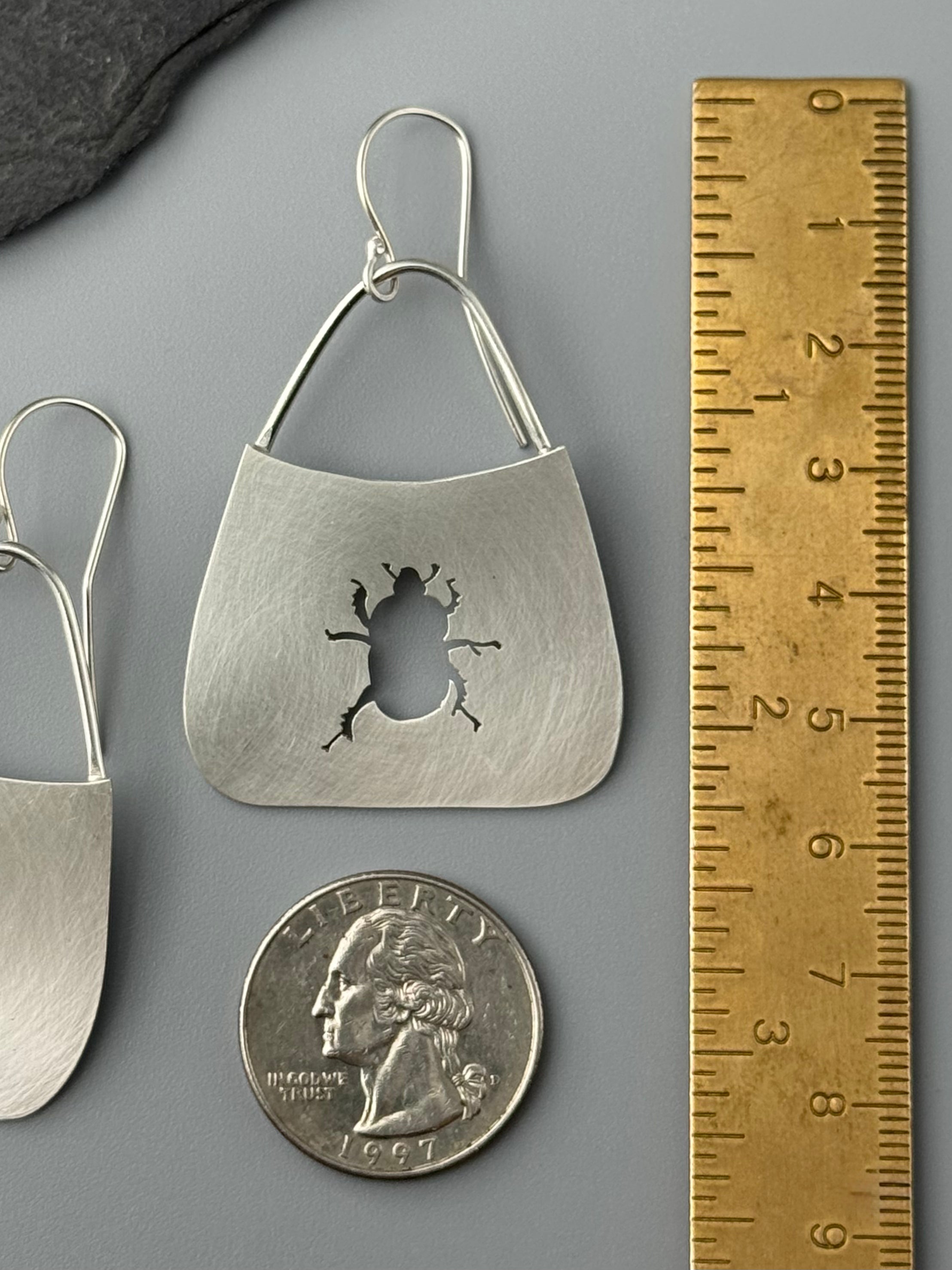 •SCARAB• beetle silhouette + silver dangle earrings