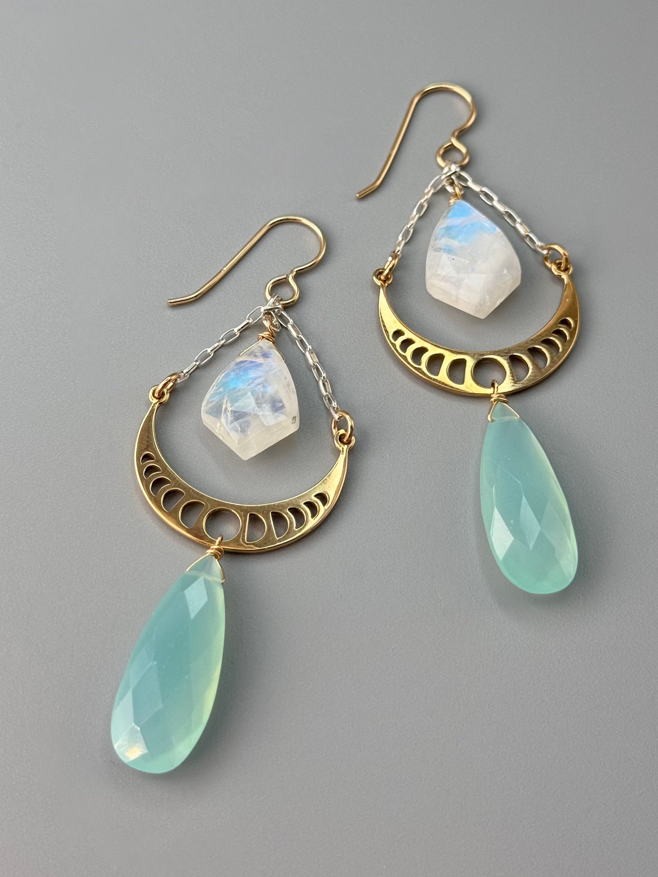 •MOON PHASE SWING• rainbow moonstone + aqua chalcedony mixed metal earrings