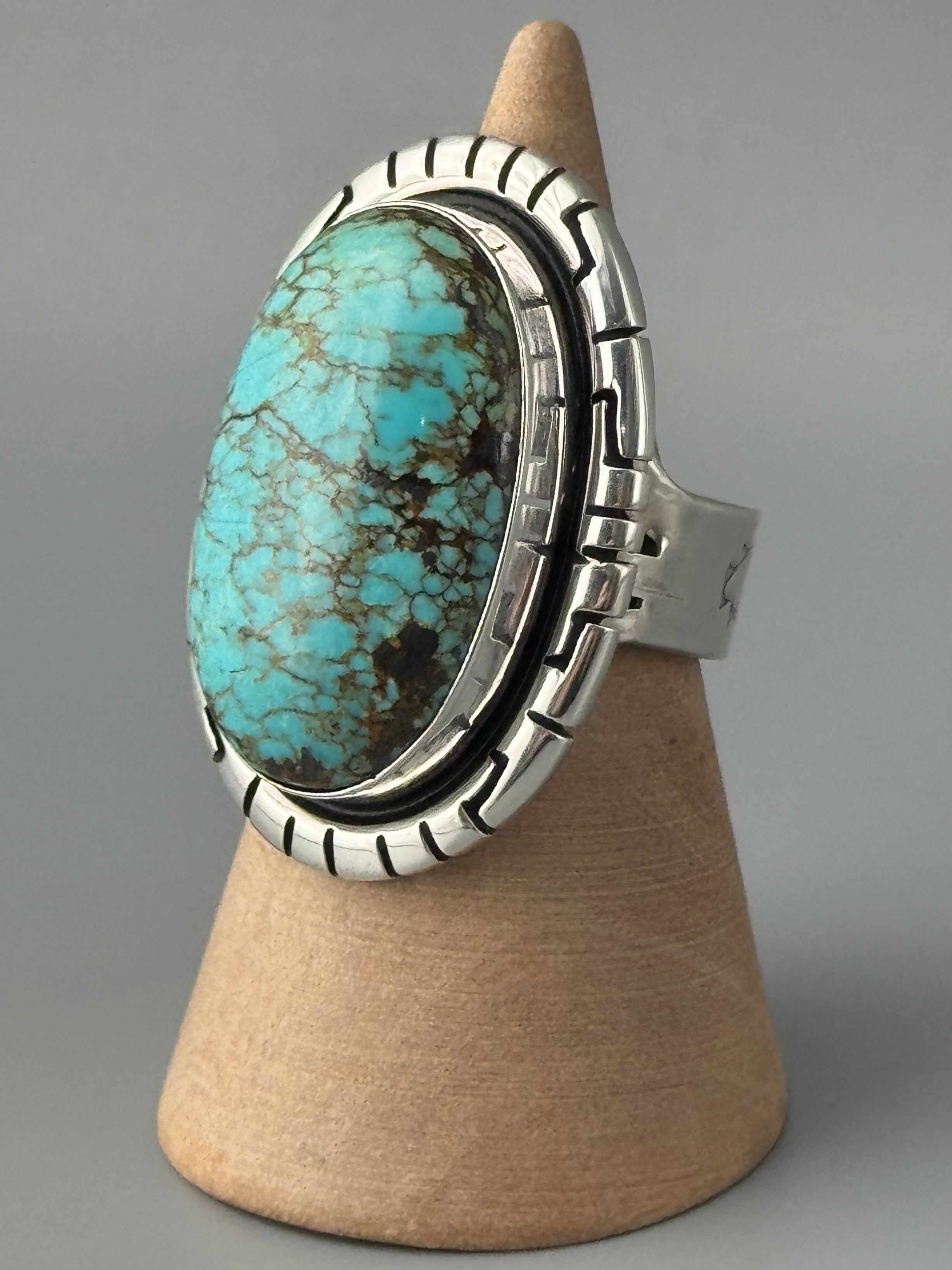 •#8 NEVADA TURQUOISE - STORM• Navajo silver ring (size 8)