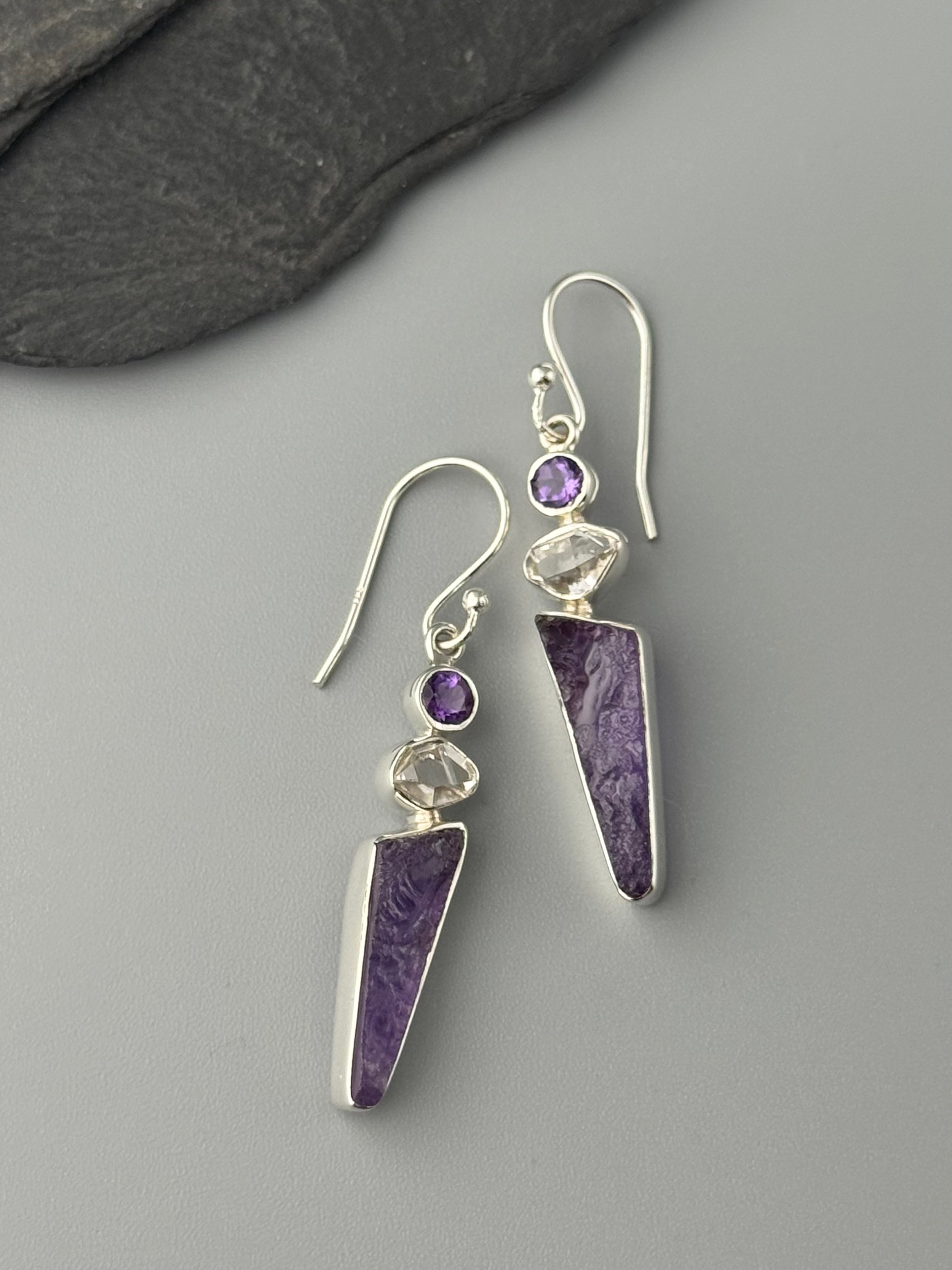 •AMETHYST + HERKIMER DIAMOND - FANG STACK• silver dangle earrings
