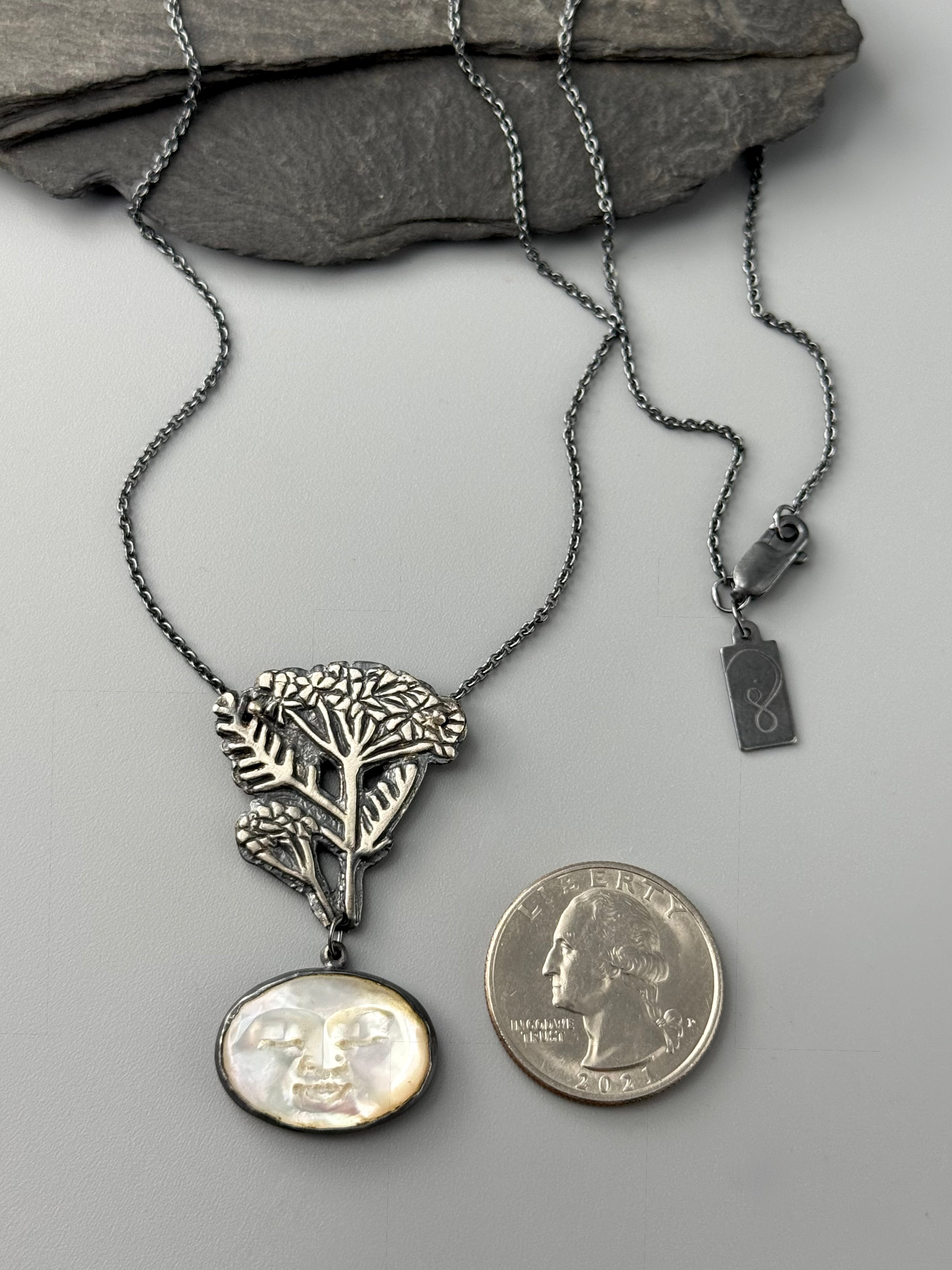 •LADY YARROW• carved mother of pearl + yarrow + silver necklace (18" long)