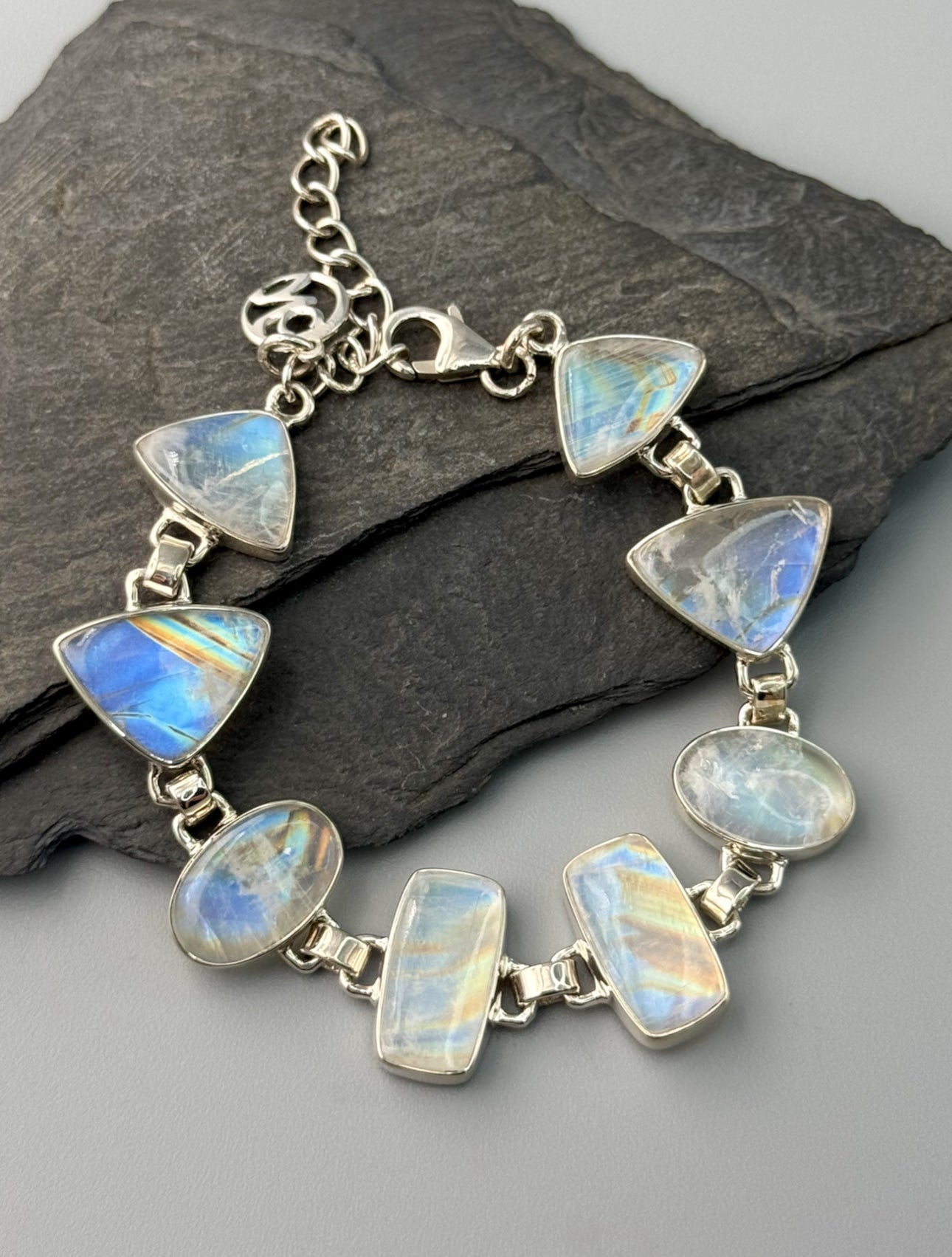 •RAINBOW MOONSTONE - GEO MIX• linked silver bracelet (6.25" - 7.75")