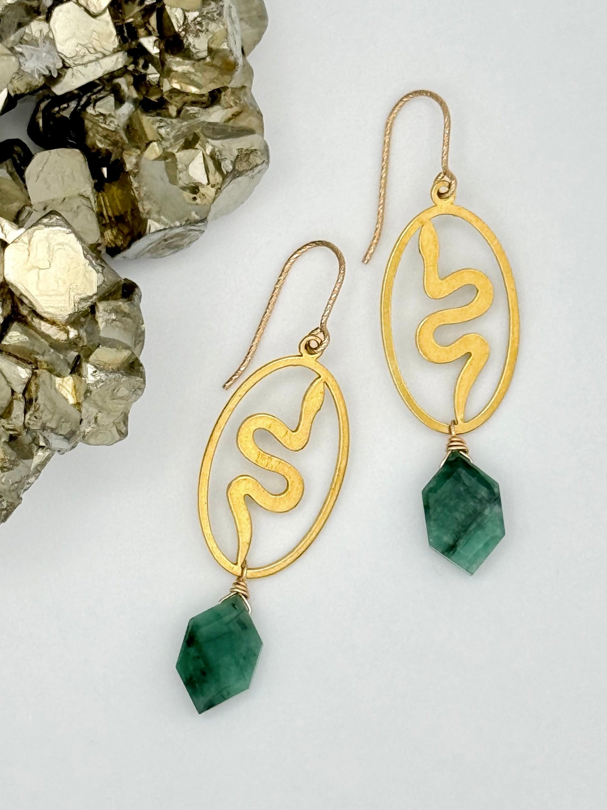 •SERPENT HEX• emerald + gold dangle earrings