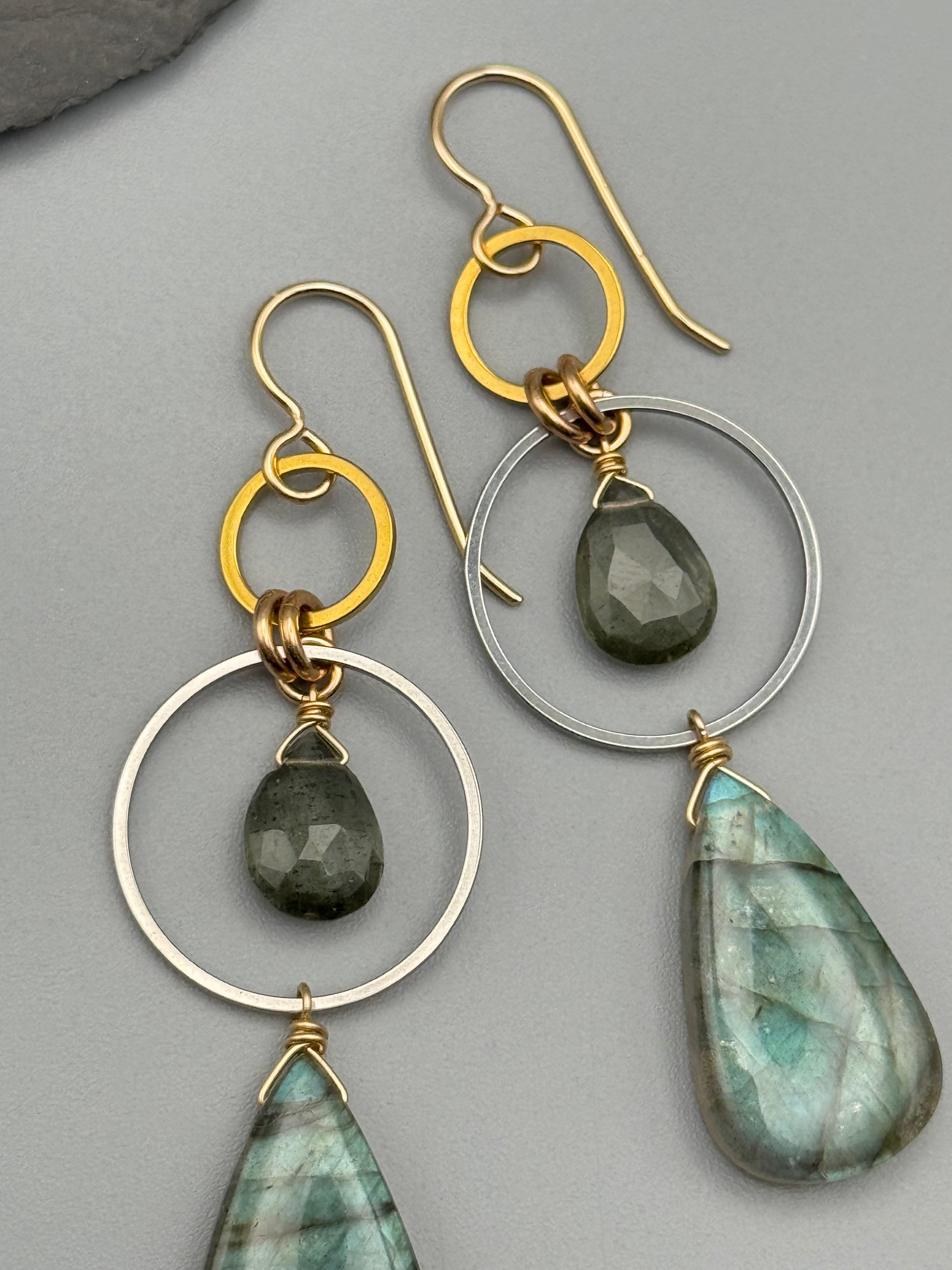 •EQUA-LUNA• moss aquamarine + labradorite mixed metal earrings