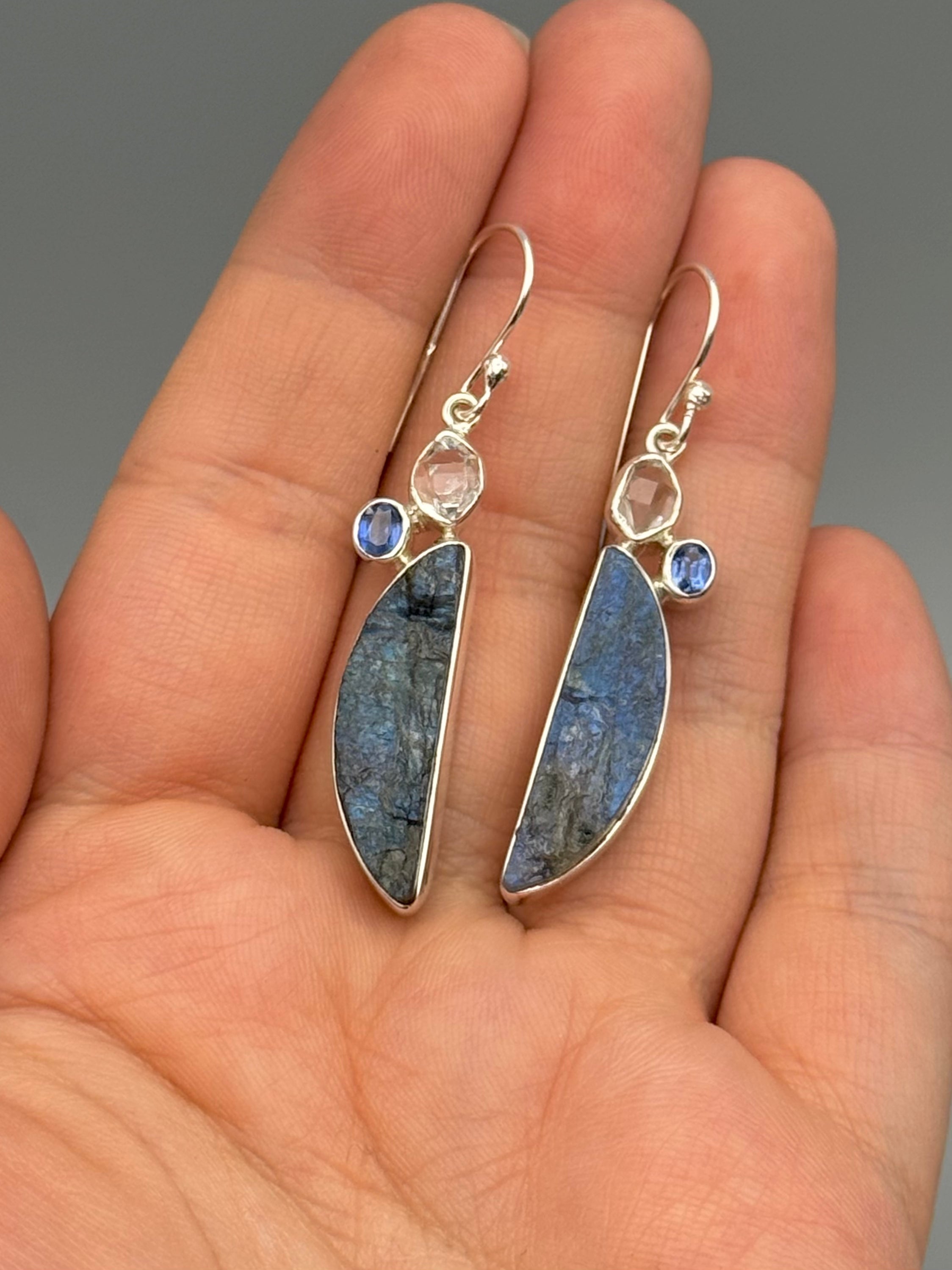 •LABRADORITE + KYANITE + HERKIMER• silver dangle earrings