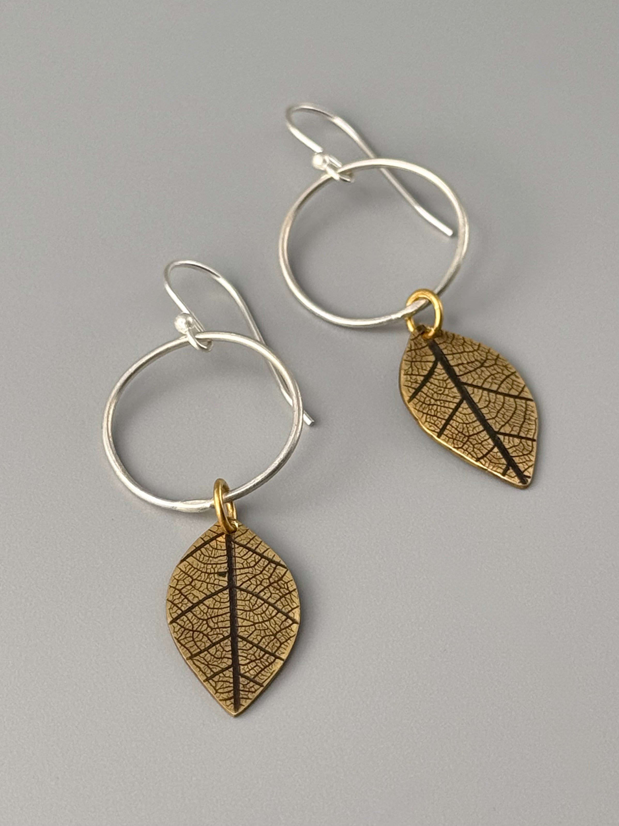 •LEAF MOON• mixed metal dangle earrings