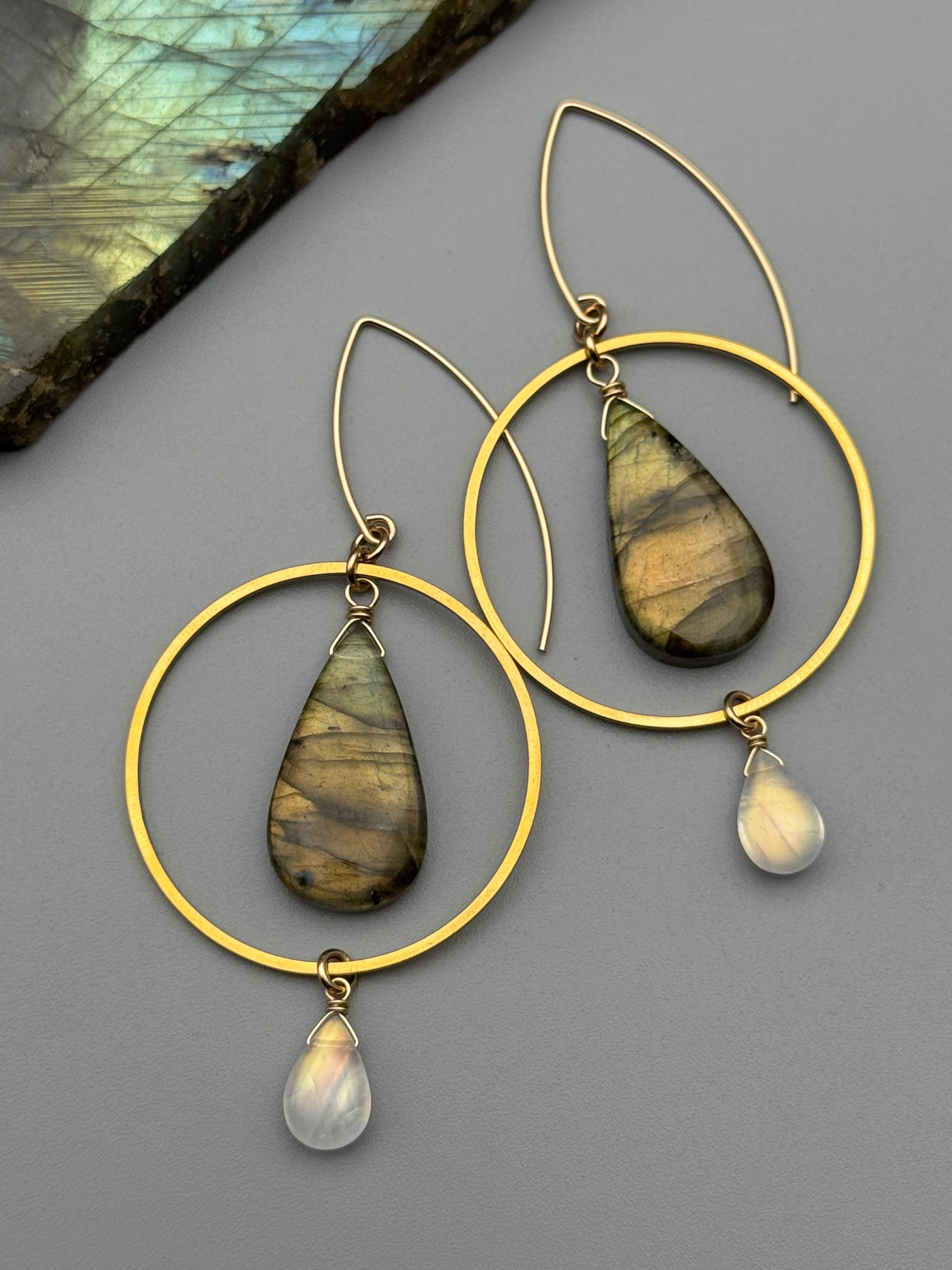 •EQUA-LUNA• labradorite + rainbow moonstone gold earrings