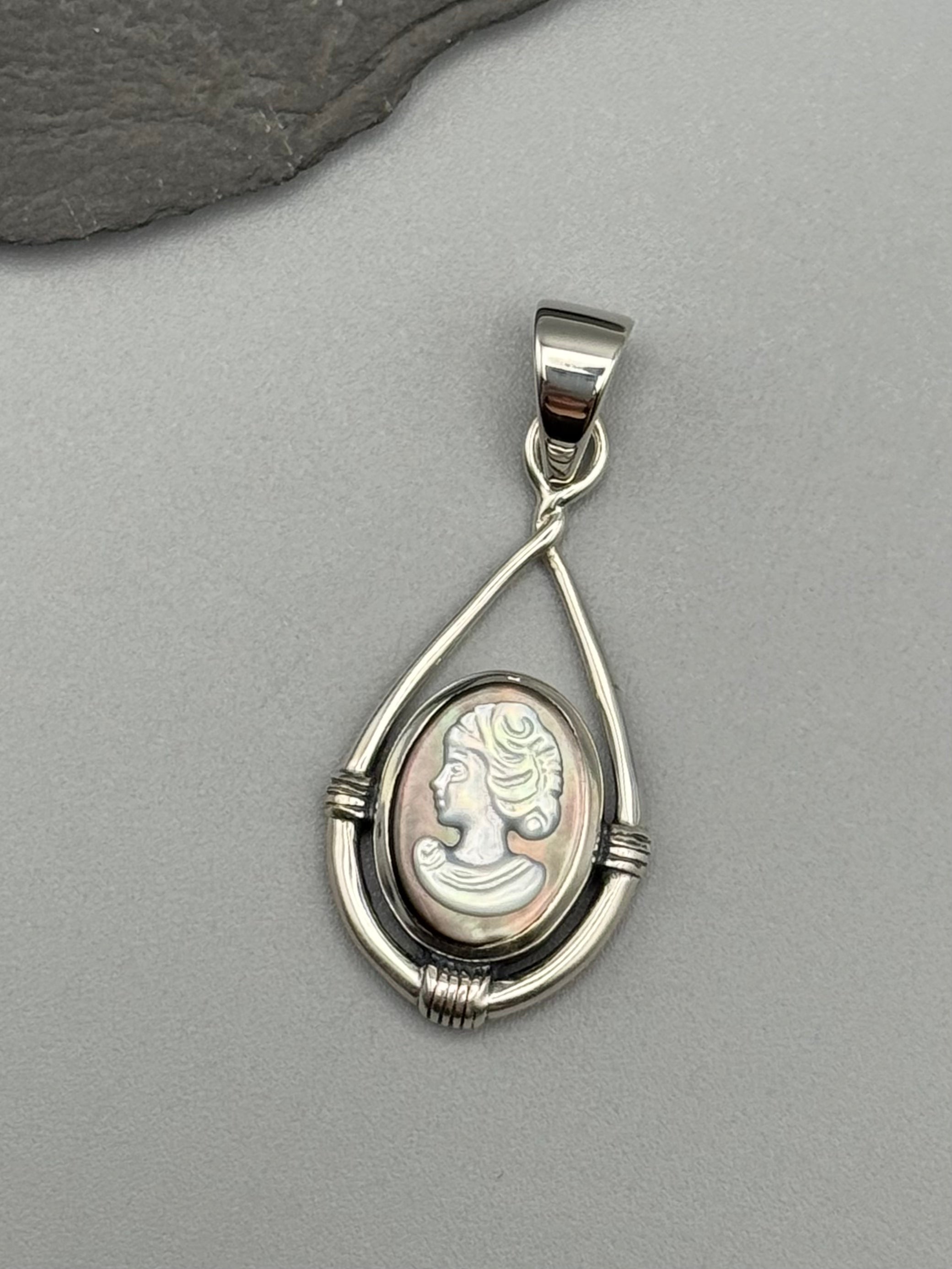 •MOTHER OF PEARL CAMEO - HITCHED - 1• sterling silver pendant