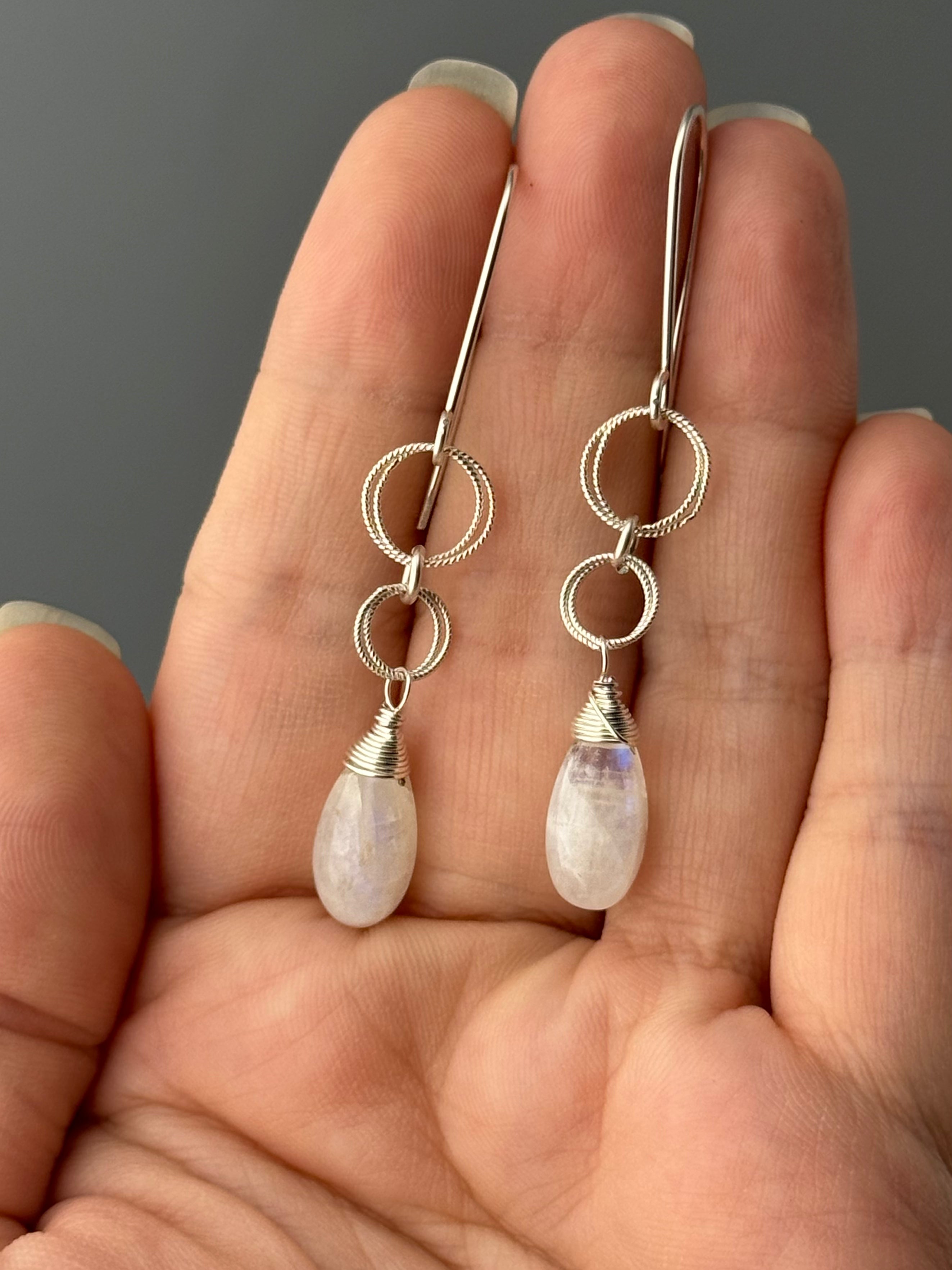 •LINKED DROP• rainbow moonstone + silver dangle earrings