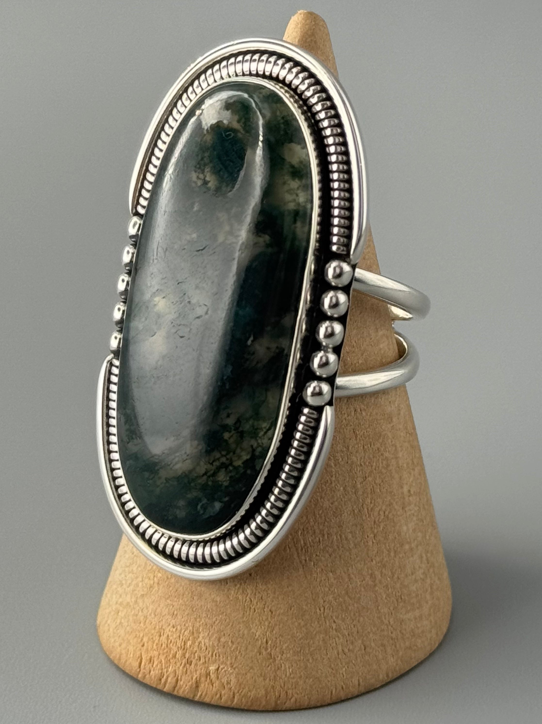 •MOSS AGATE - INTERSTELLAR• split band silver ring (size 8)