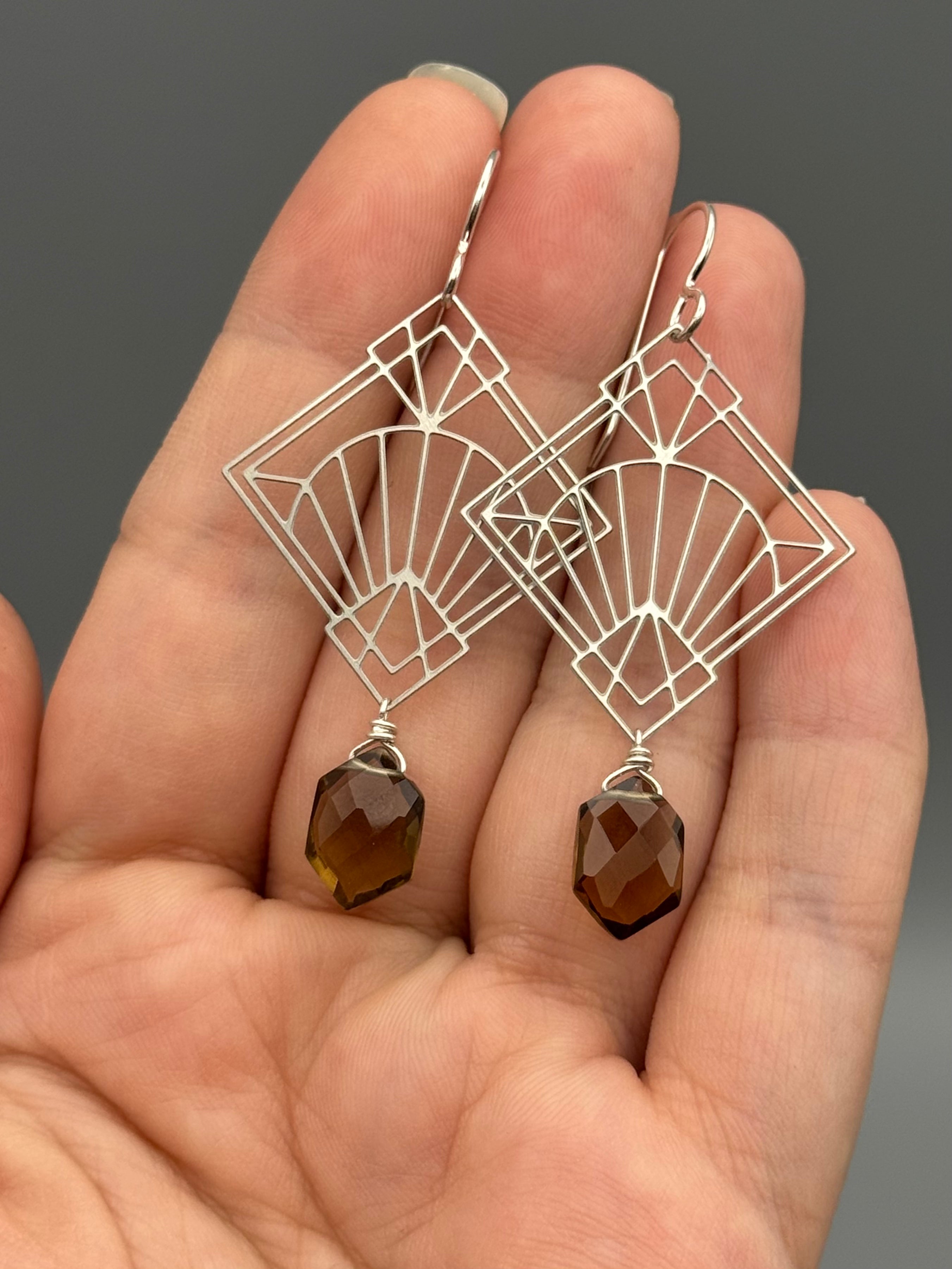 •DECO DIAMOND• smoky quartz + silver earrings