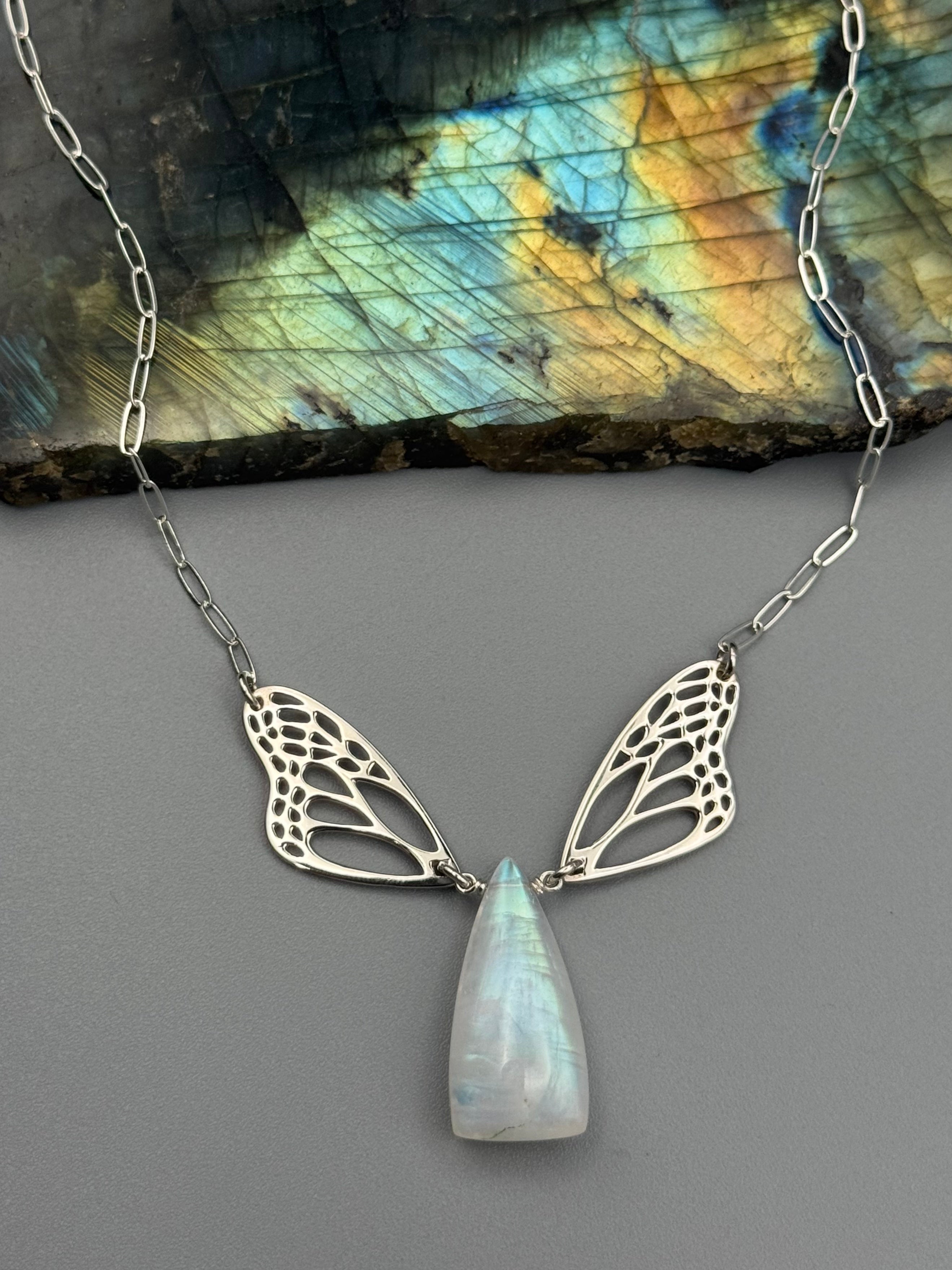 •METAMORPH• rainbow moonstone soft triangle + silver necklace (18"-20" long)