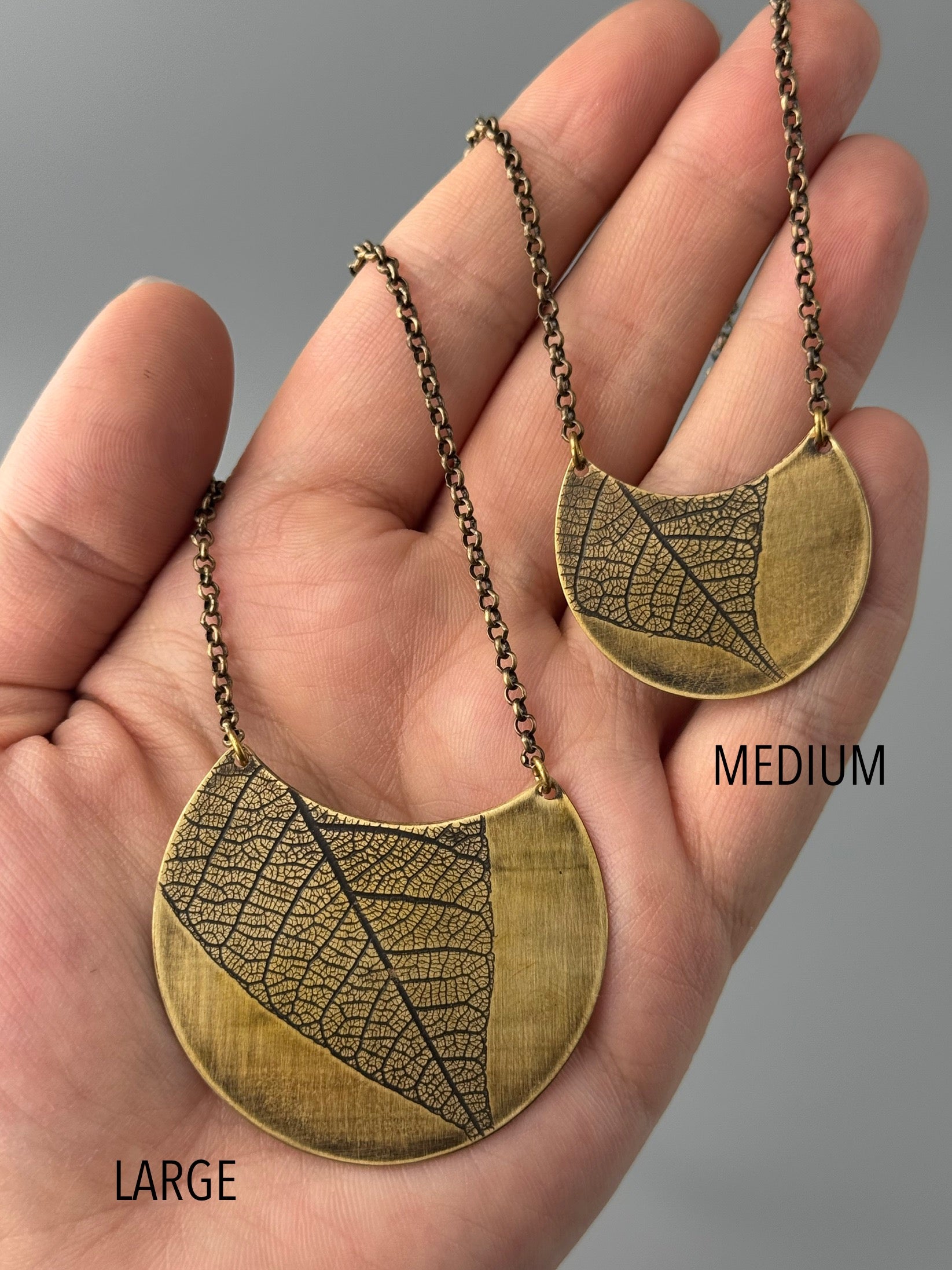 •LEAF CRESCENT• brass necklace (20" long)