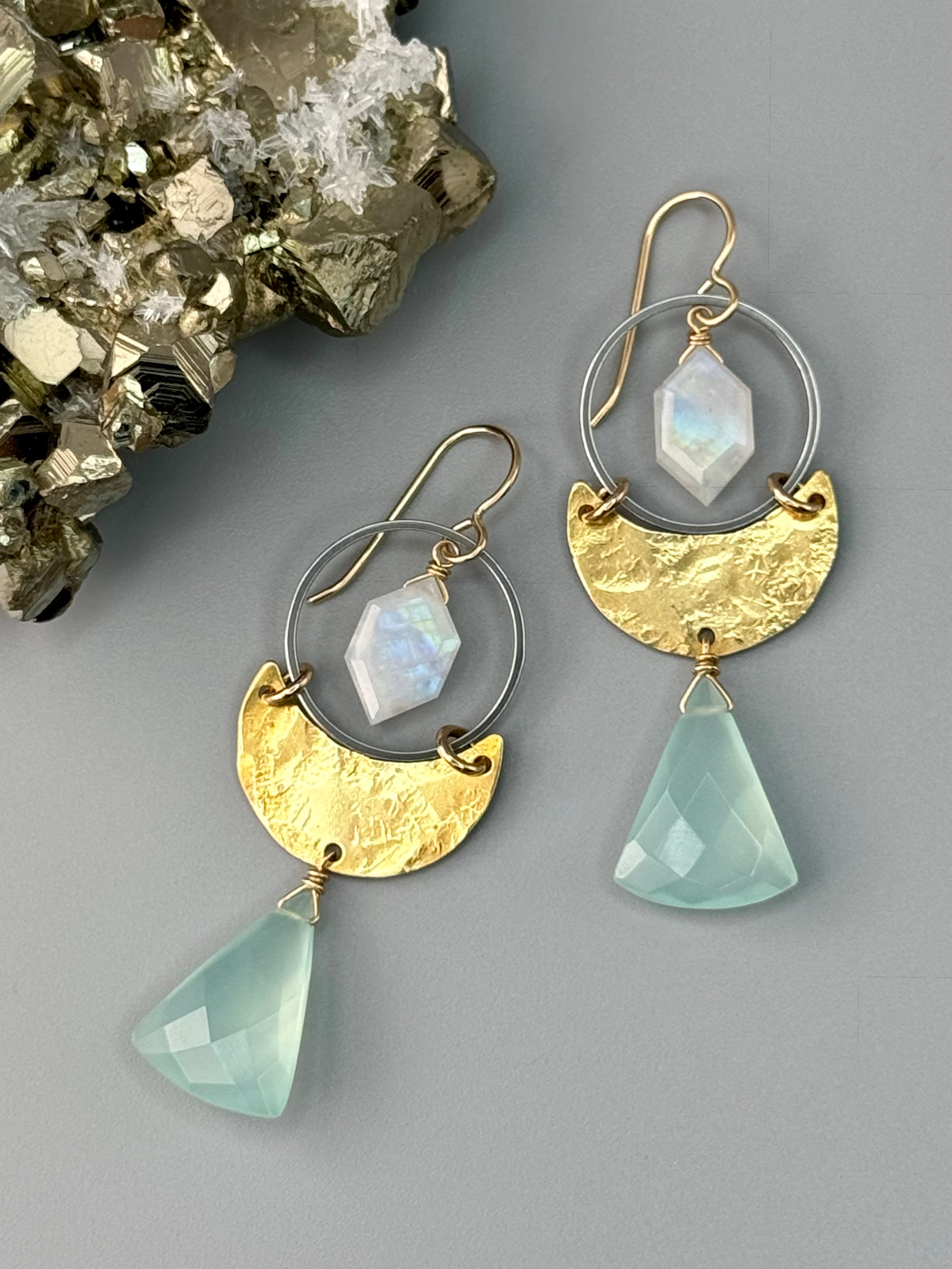 •MOON SHADOW• rainbow moonstone + aqua chalcedony mixed metal earrings
