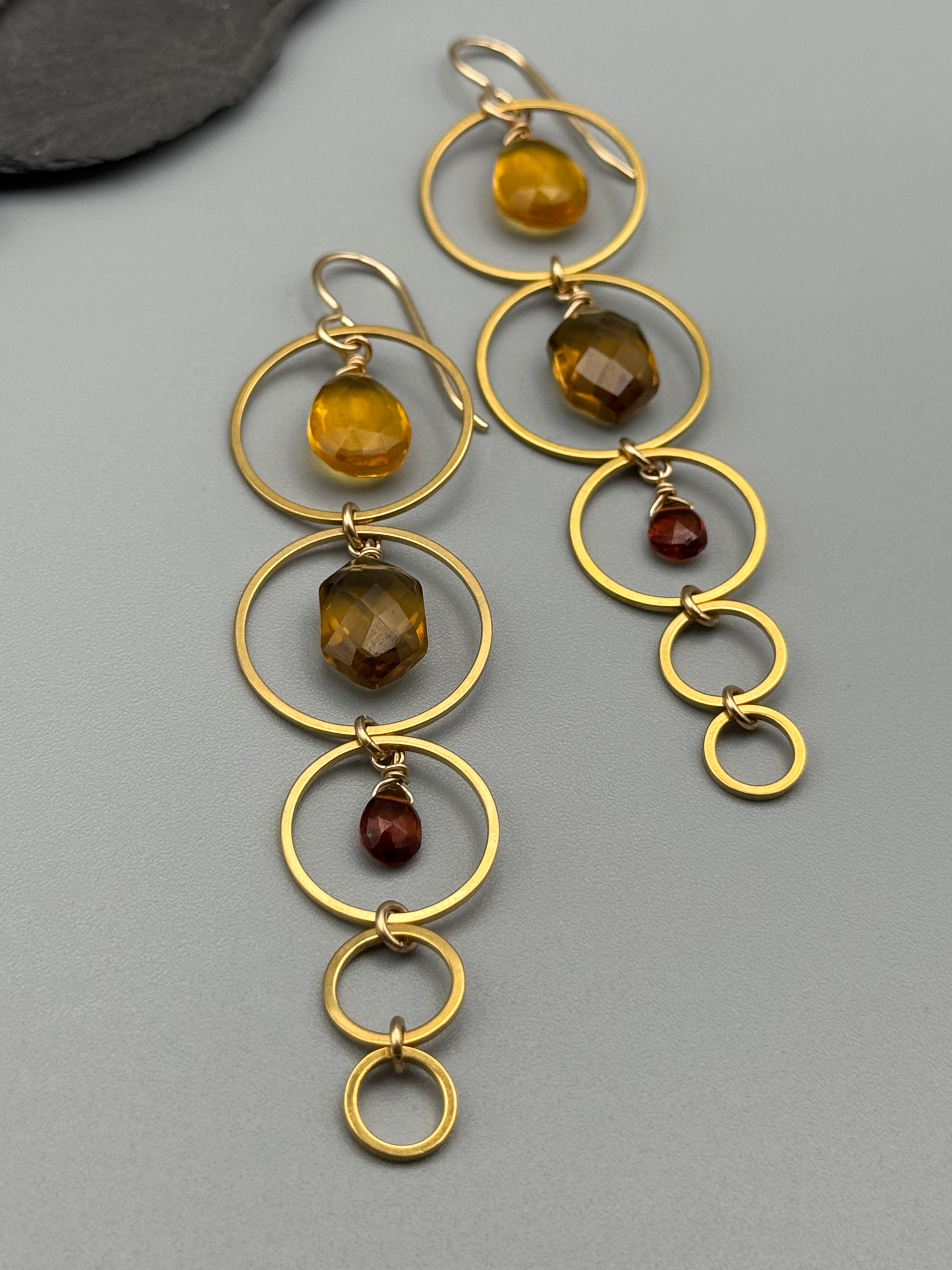 •10 OF CUPS• citrine, smoky quartz + hessonite garnet gold earrings