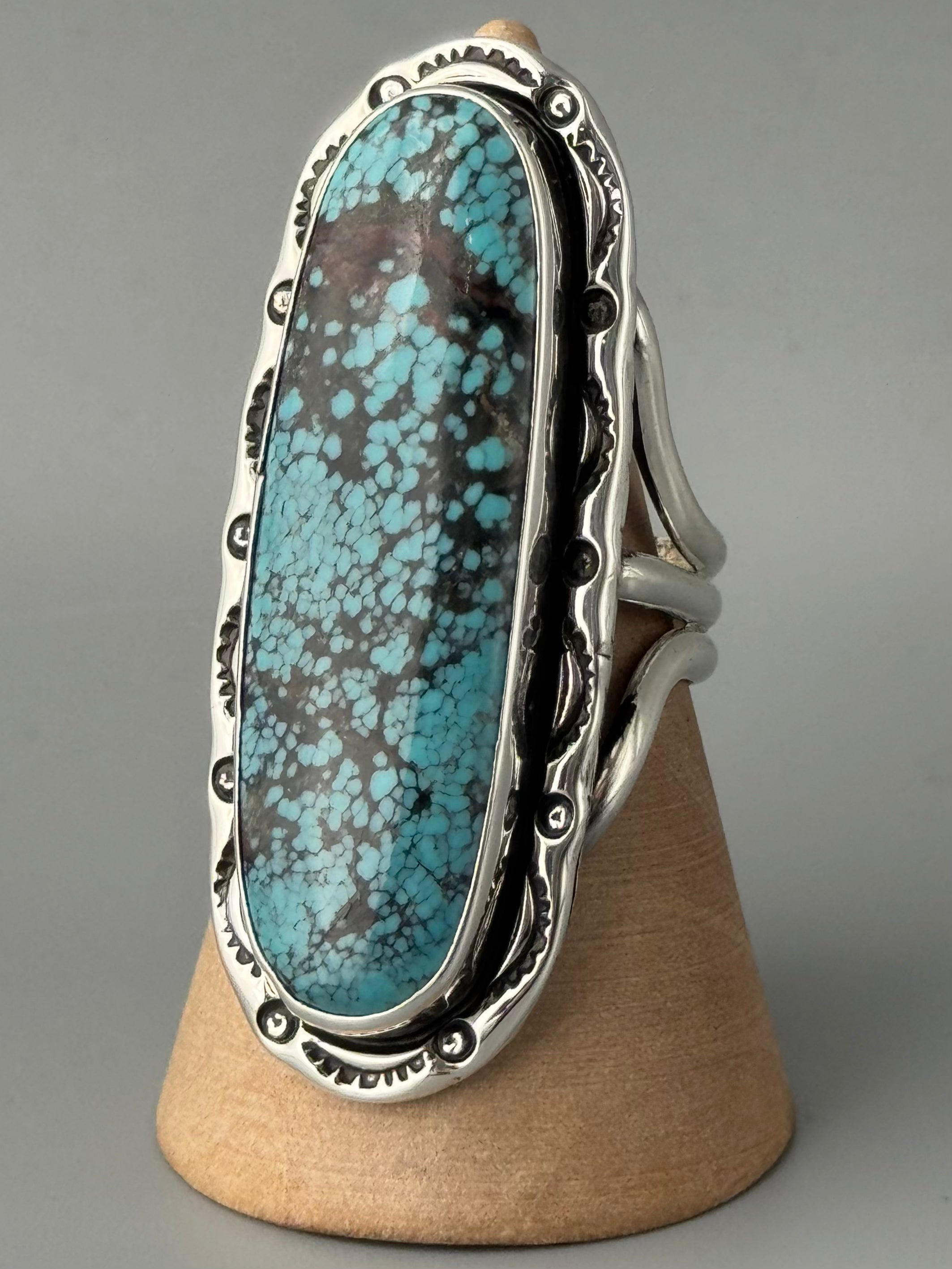 •BLACKJACK TURQUOISE - SHÁ• Navajo silver ring (size 9.25)