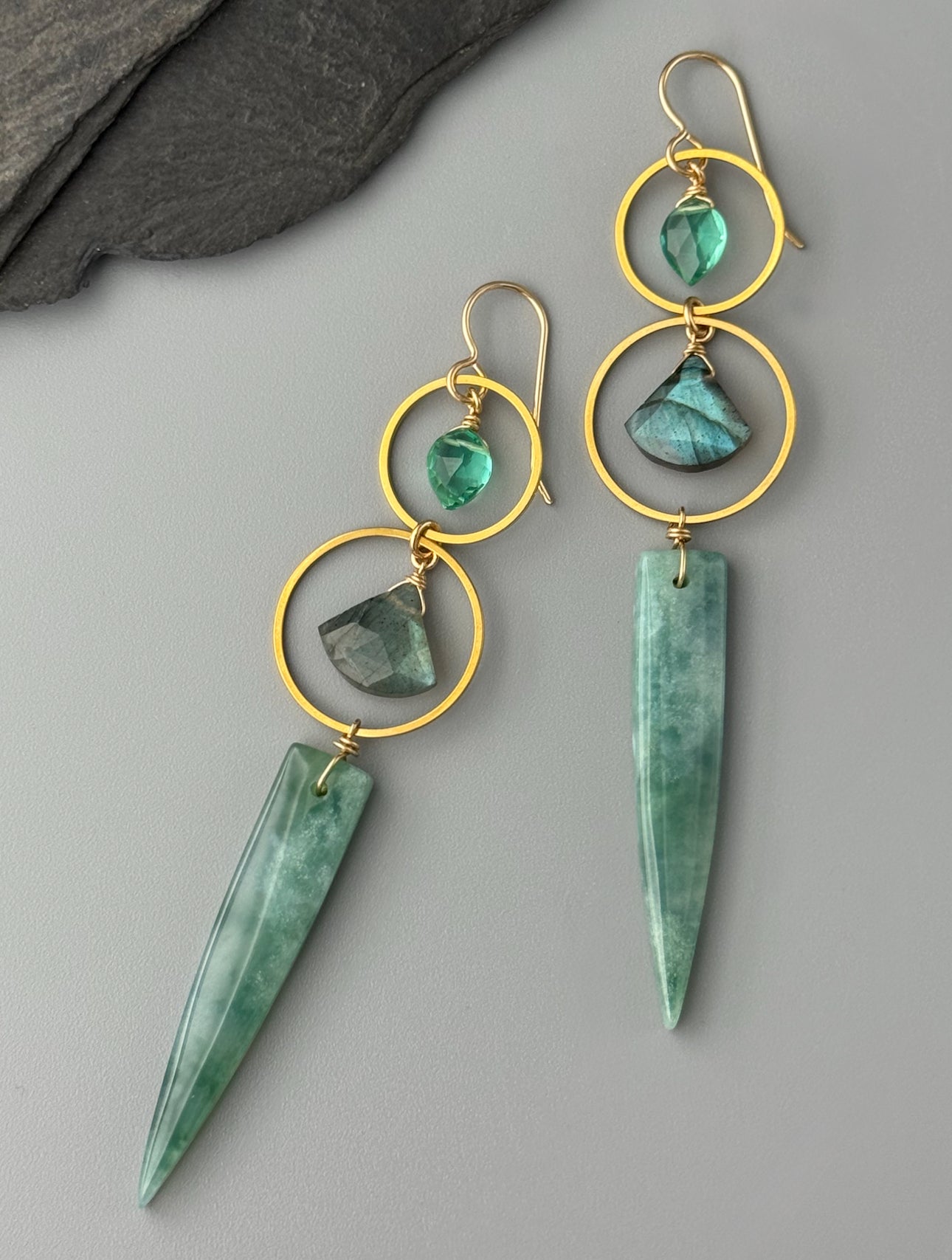•EQUA-LUNA• paraiba quartz + labradorite + green mountain jade gold earrings