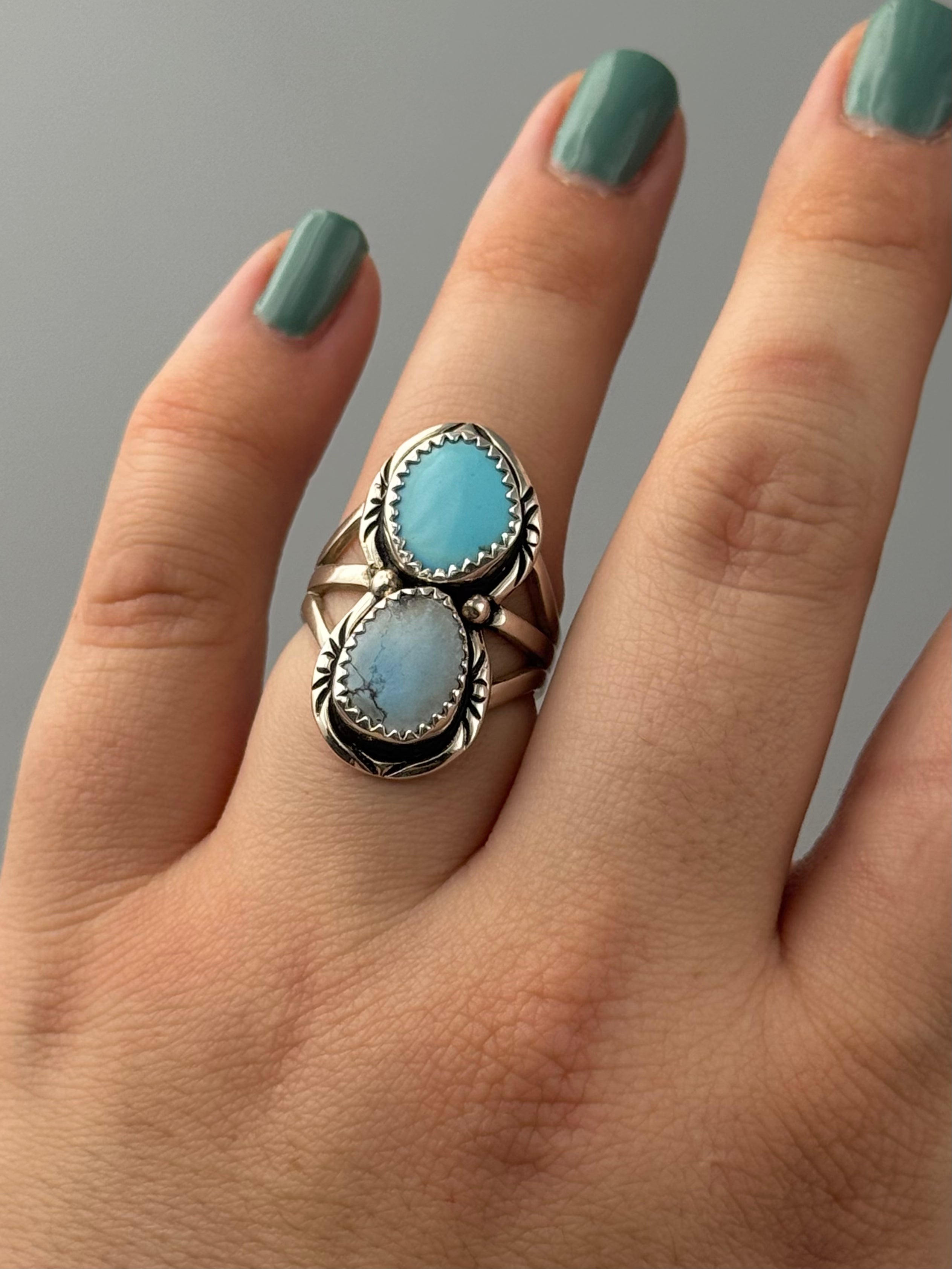 •GOLDEN HILL TURQUOISE - NAAKI - 2• Navajo silver ring (size 6.5)