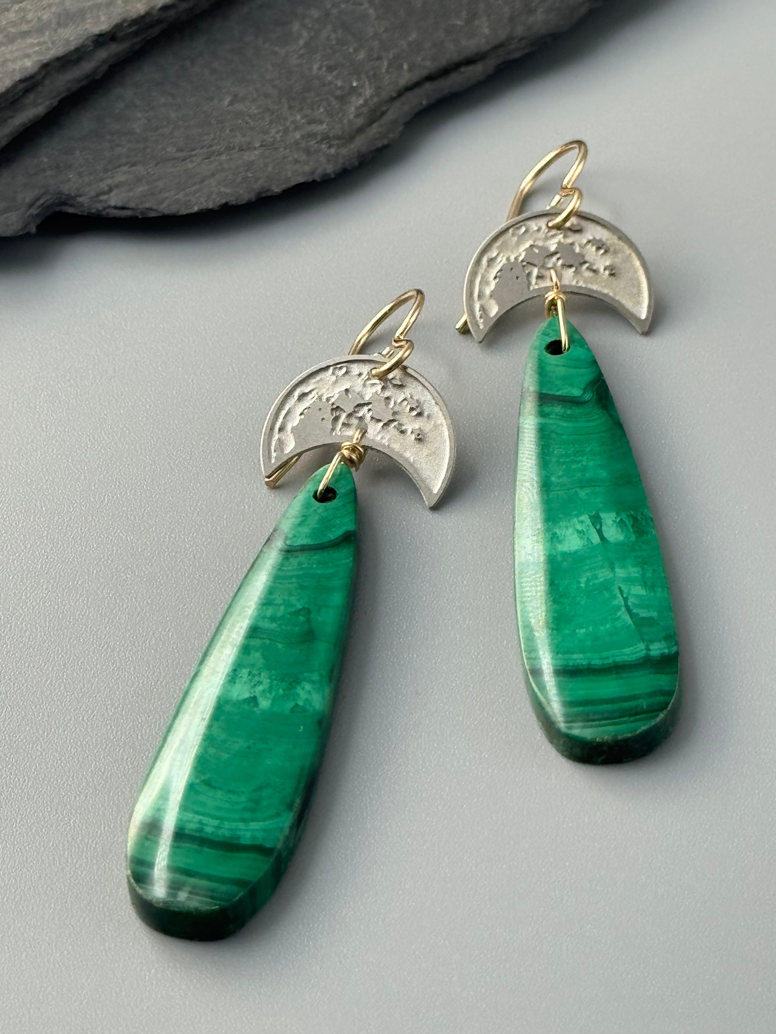 •CRATER MOON• congolese malachite + mixed metal earrings