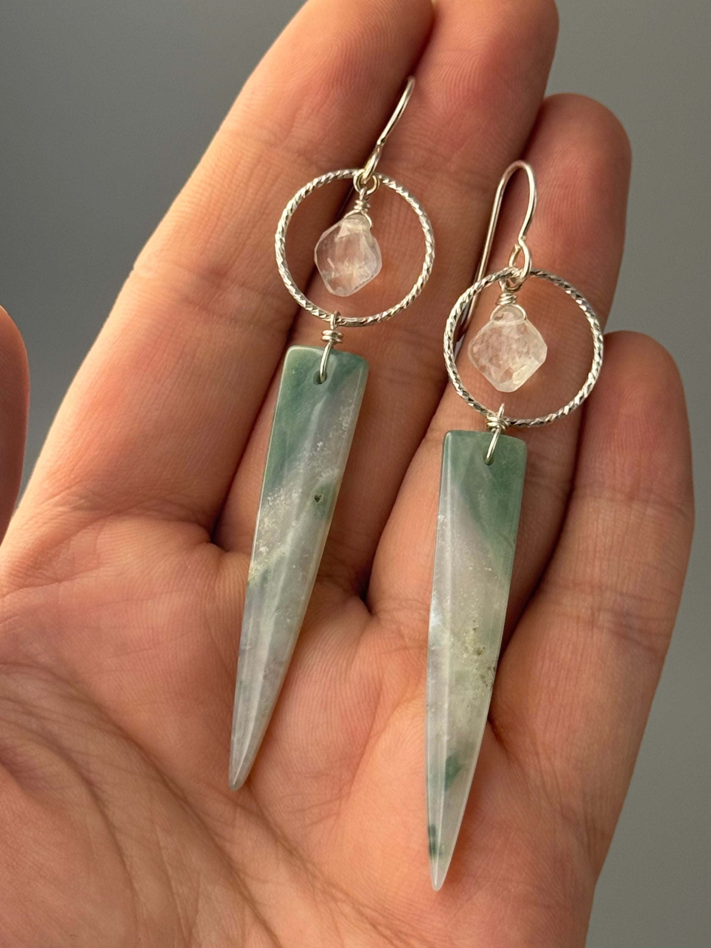•LUNA• rainbow moonstone + jade silver earrings