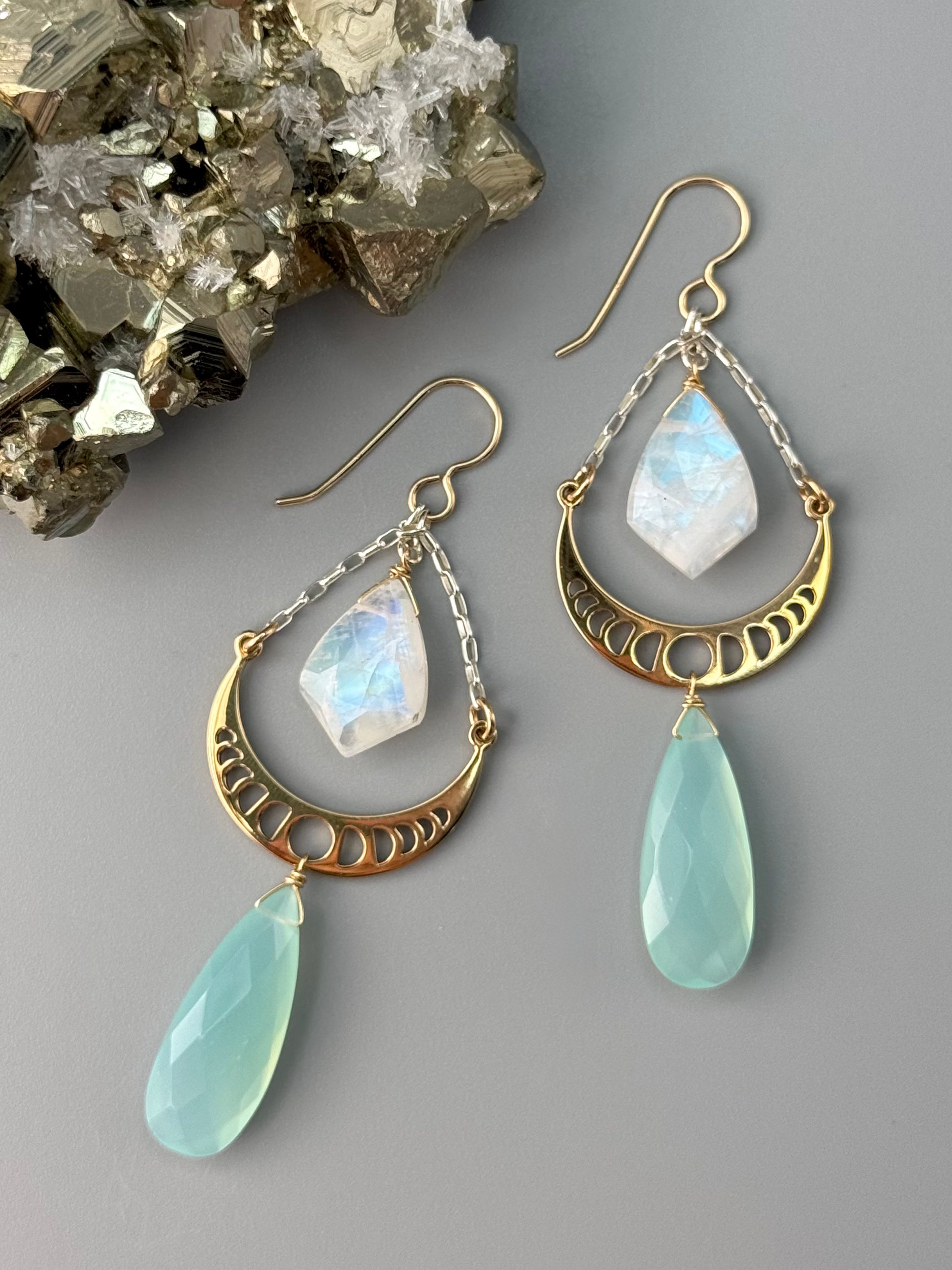 •MOON PHASE SWING• rainbow moonstone + aqua chalcedony mixed metal earrings