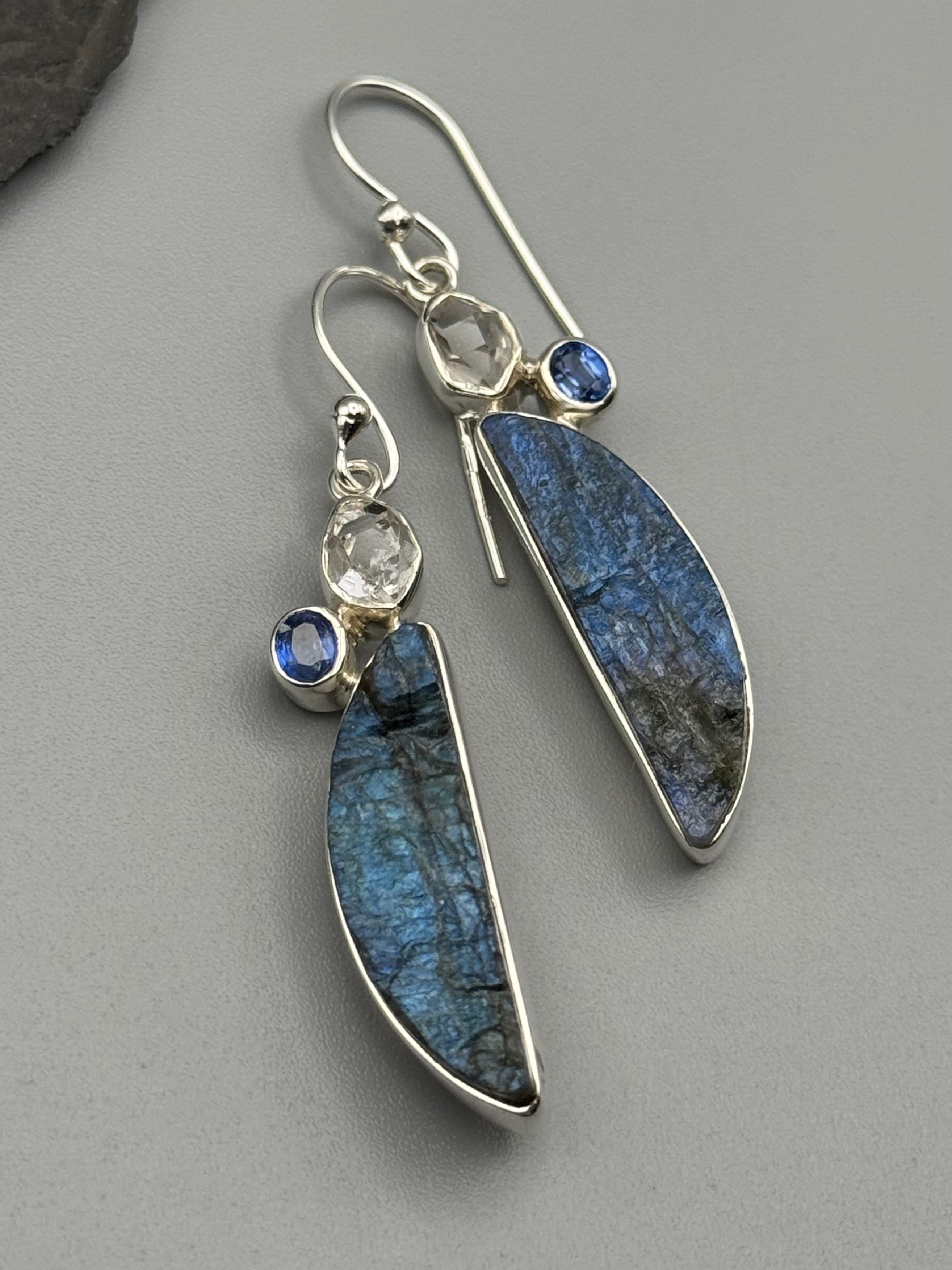 •LABRADORITE + KYANITE + HERKIMER• silver dangle earrings