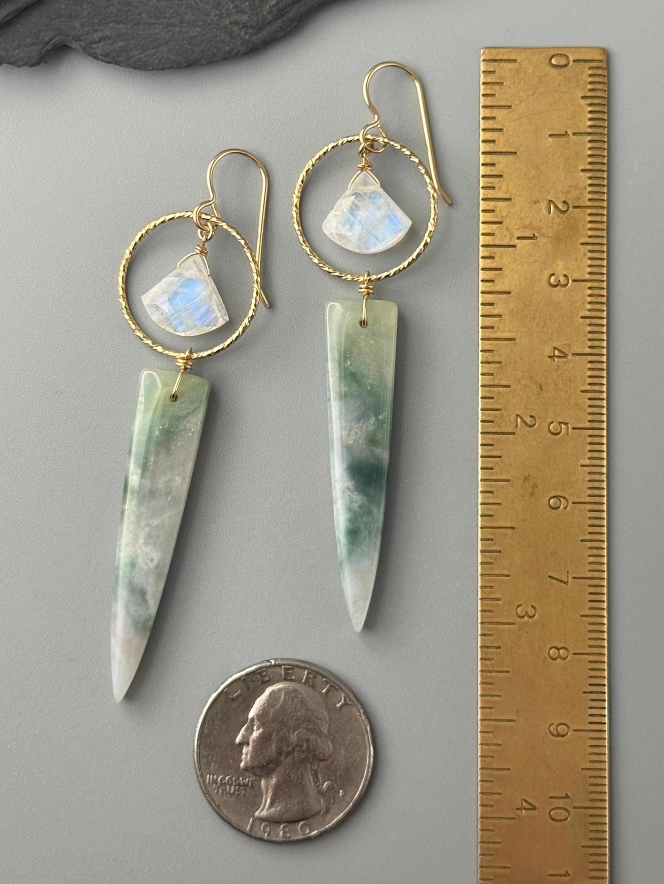 •LUNA• rainbow moonstone + jade gold earrings
