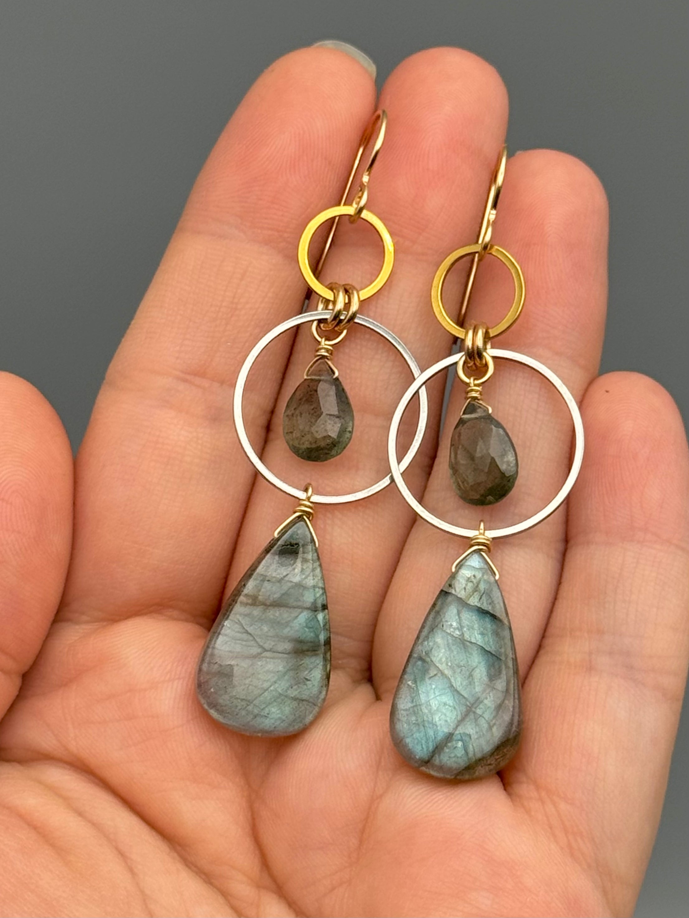 •EQUA-LUNA• moss aquamarine + labradorite mixed metal earrings