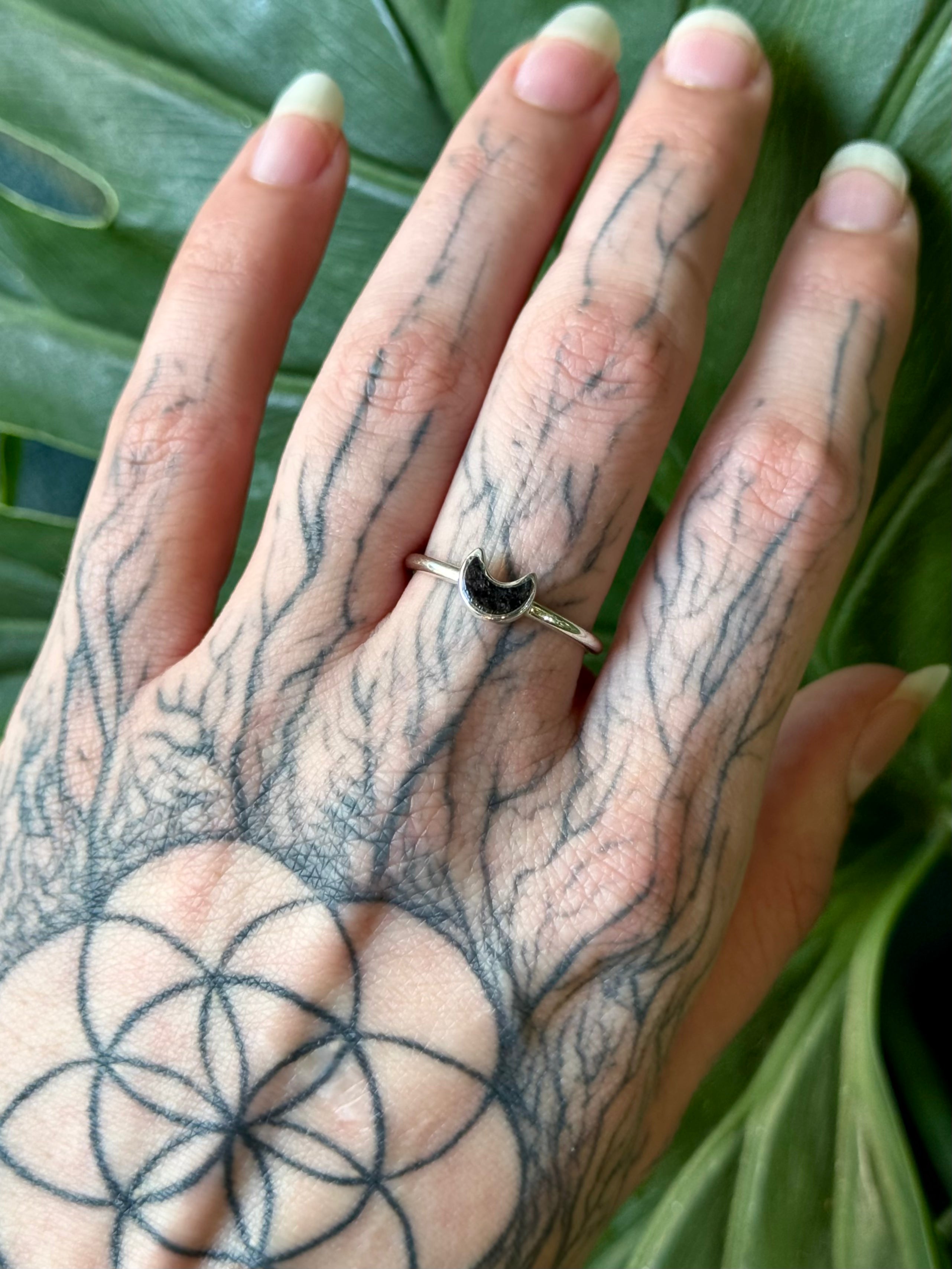 •BLACK TOURMALINE - LIL' CRESCENT• silver ring (various sizes)