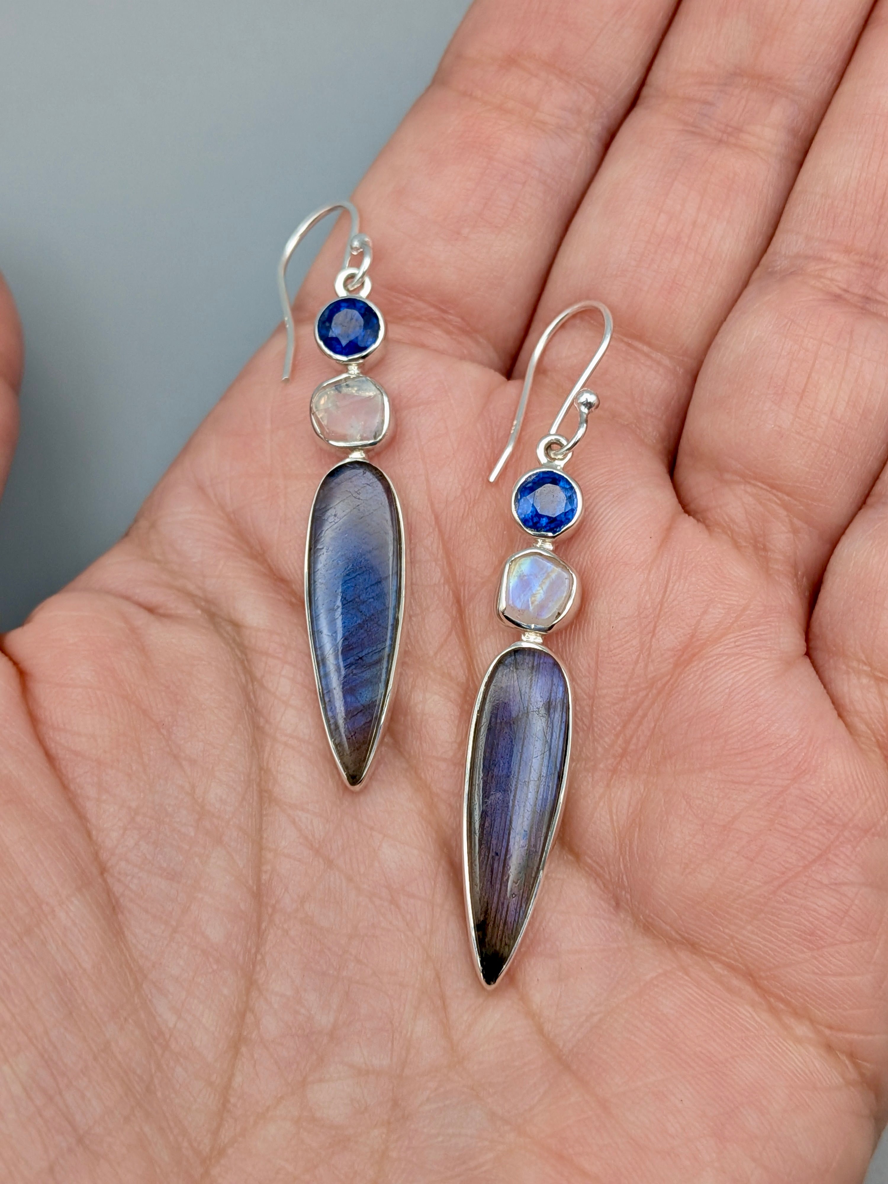 •LABRADORITE SPEAR TEAR + MULTI-STONE• silver dangle earrings