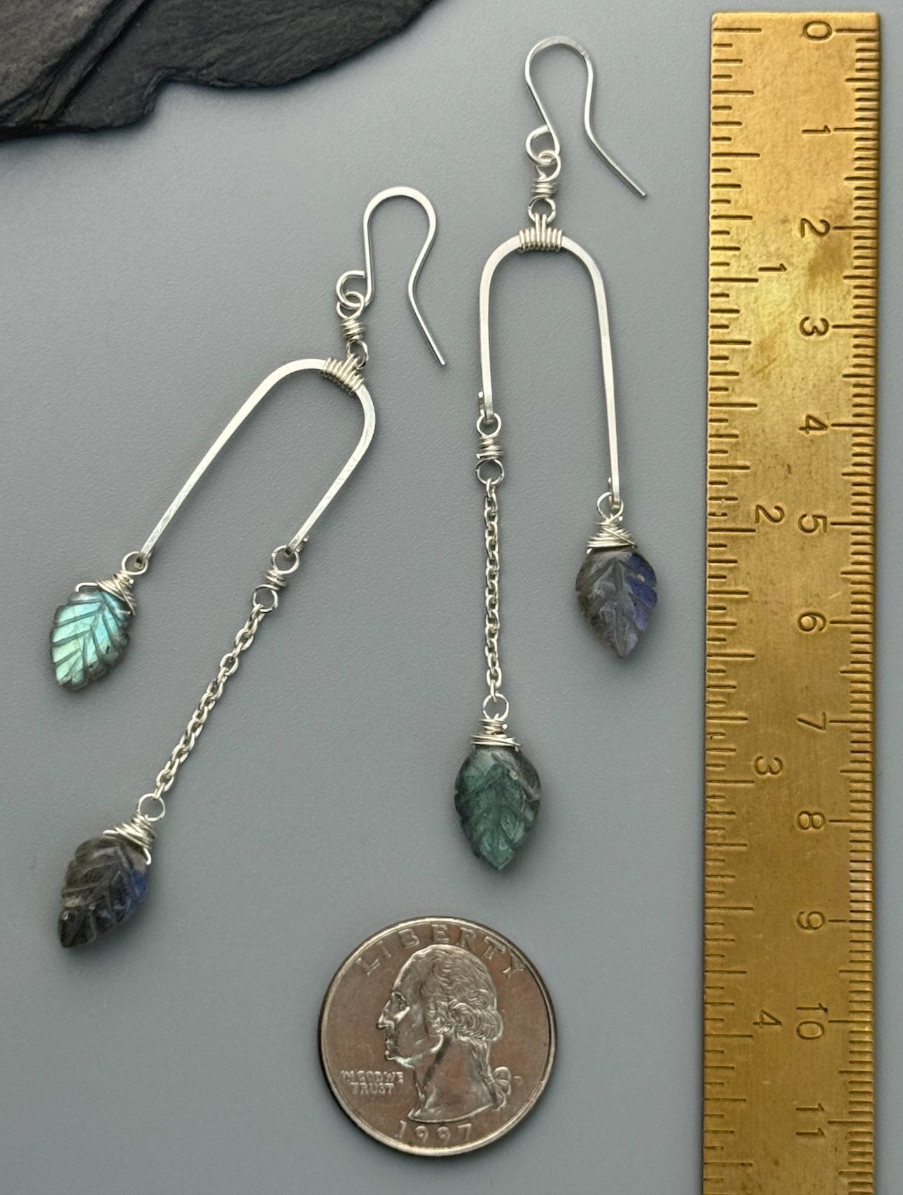 •BALANCING ACT• labradorite leaves + silver dangle earrings