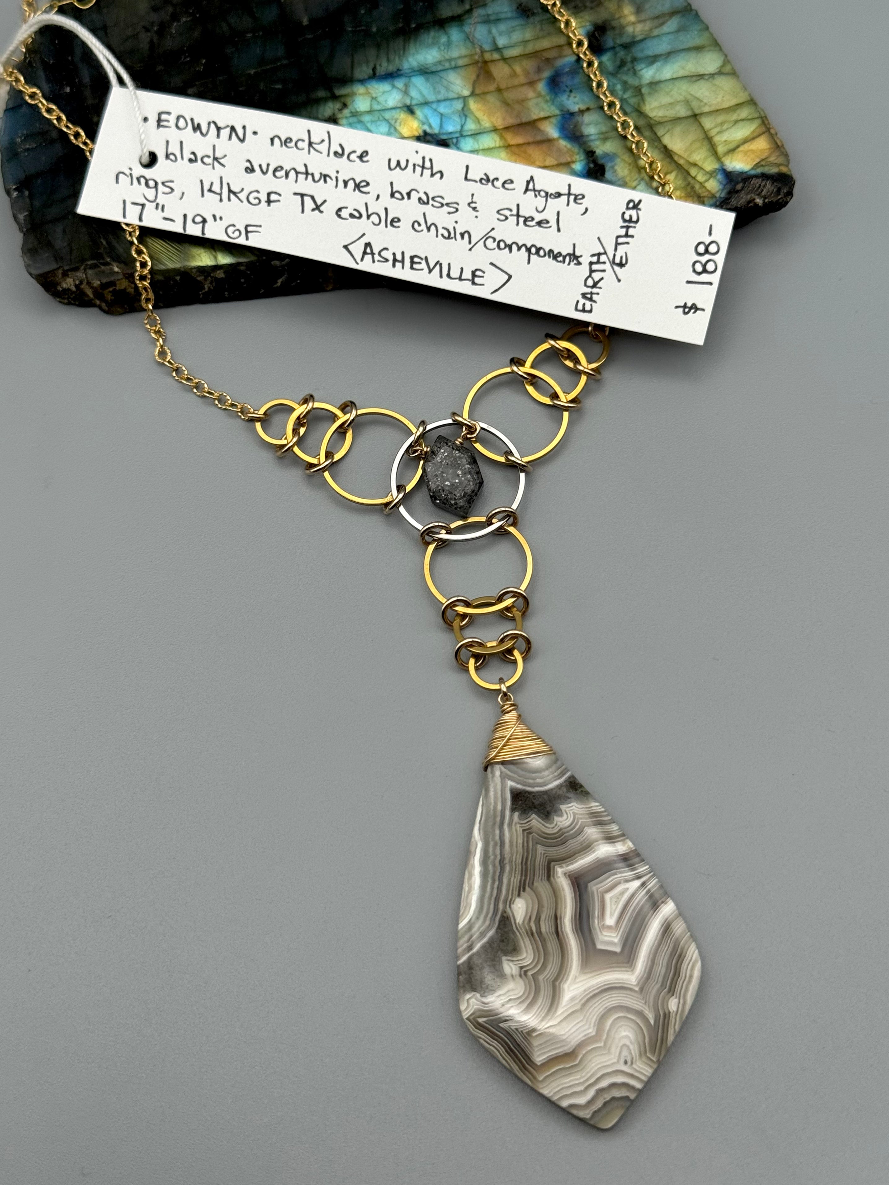 •EOWYN• black aventurine + lace agate mixed metal necklace (17"-19" long)