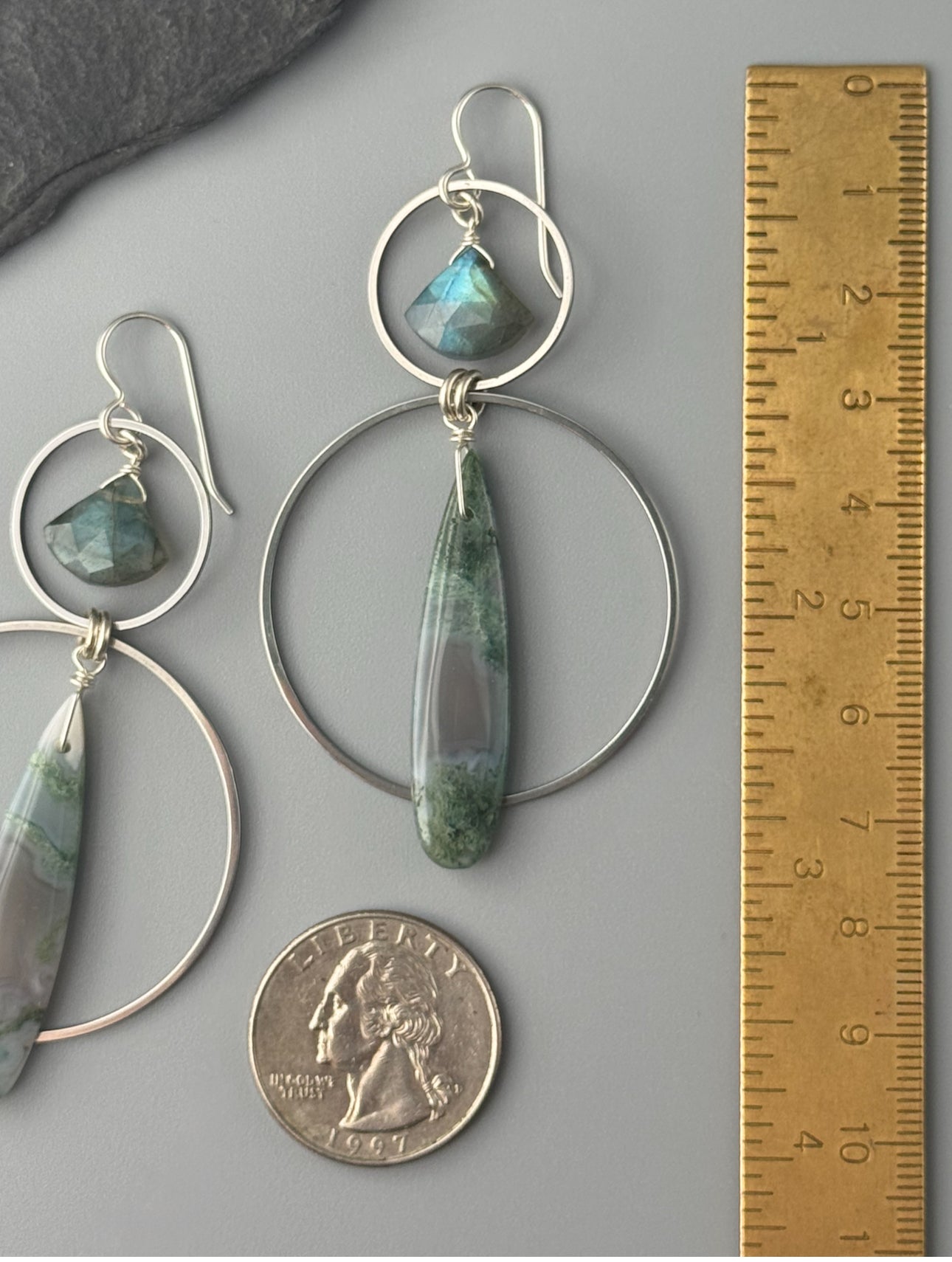 •EQUA-LUNA• labradorite + moss agate silver earrings