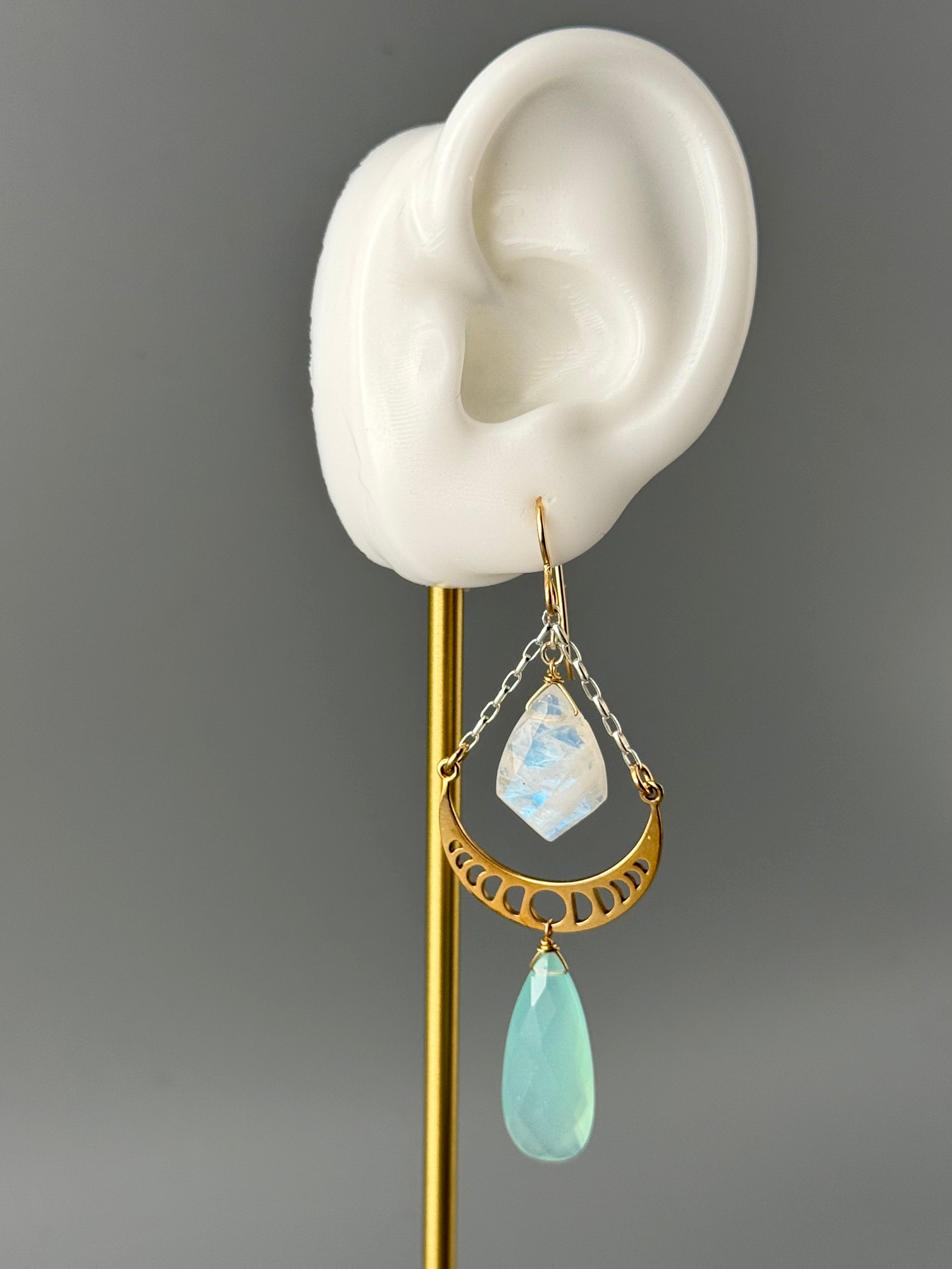 •MOON PHASE SWING• rainbow moonstone + aqua chalcedony mixed metal earrings