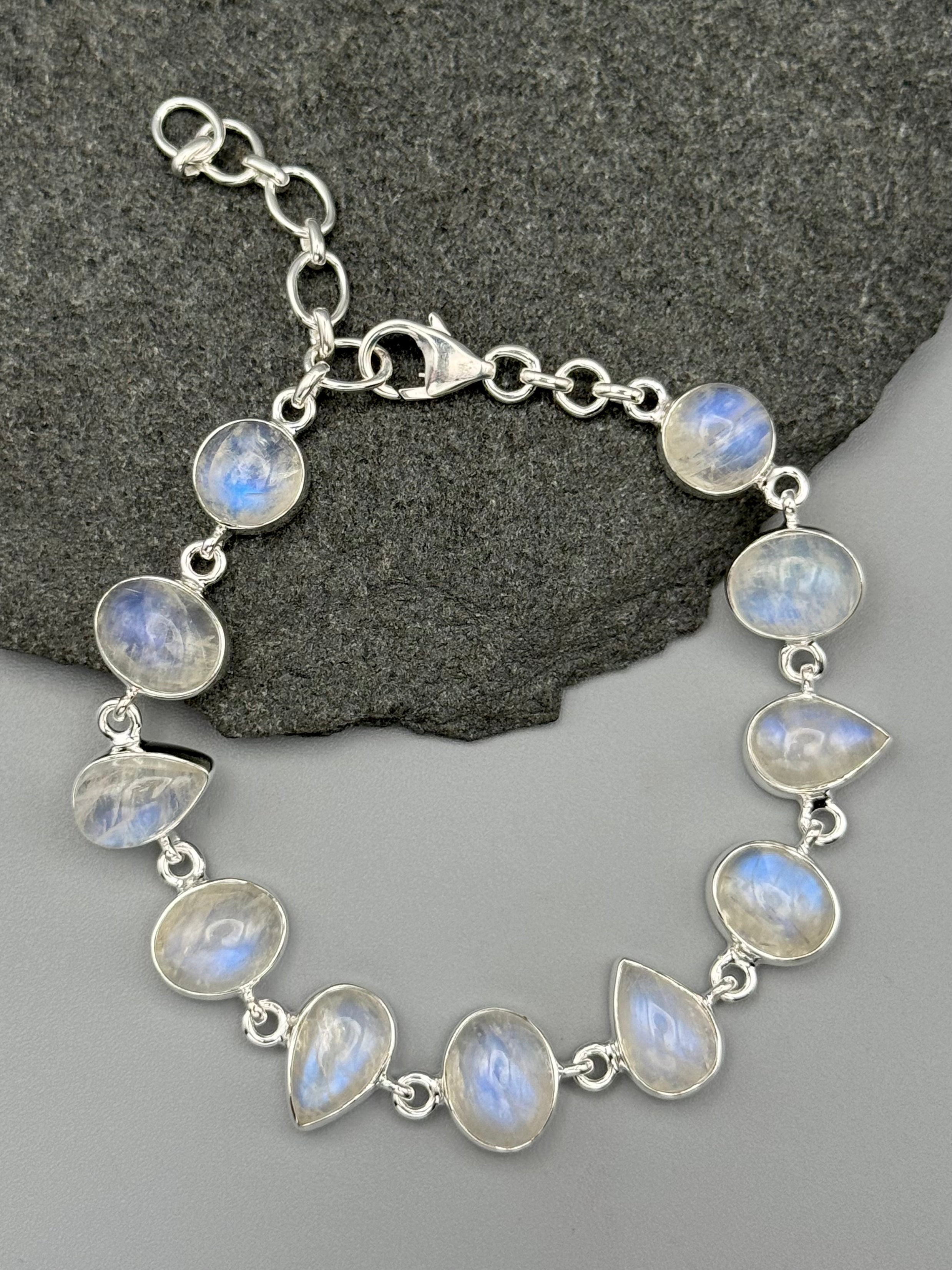 •RAINBOW MOONSTONE - GEO MIX• linked silver bracelet (7.5" - 9")