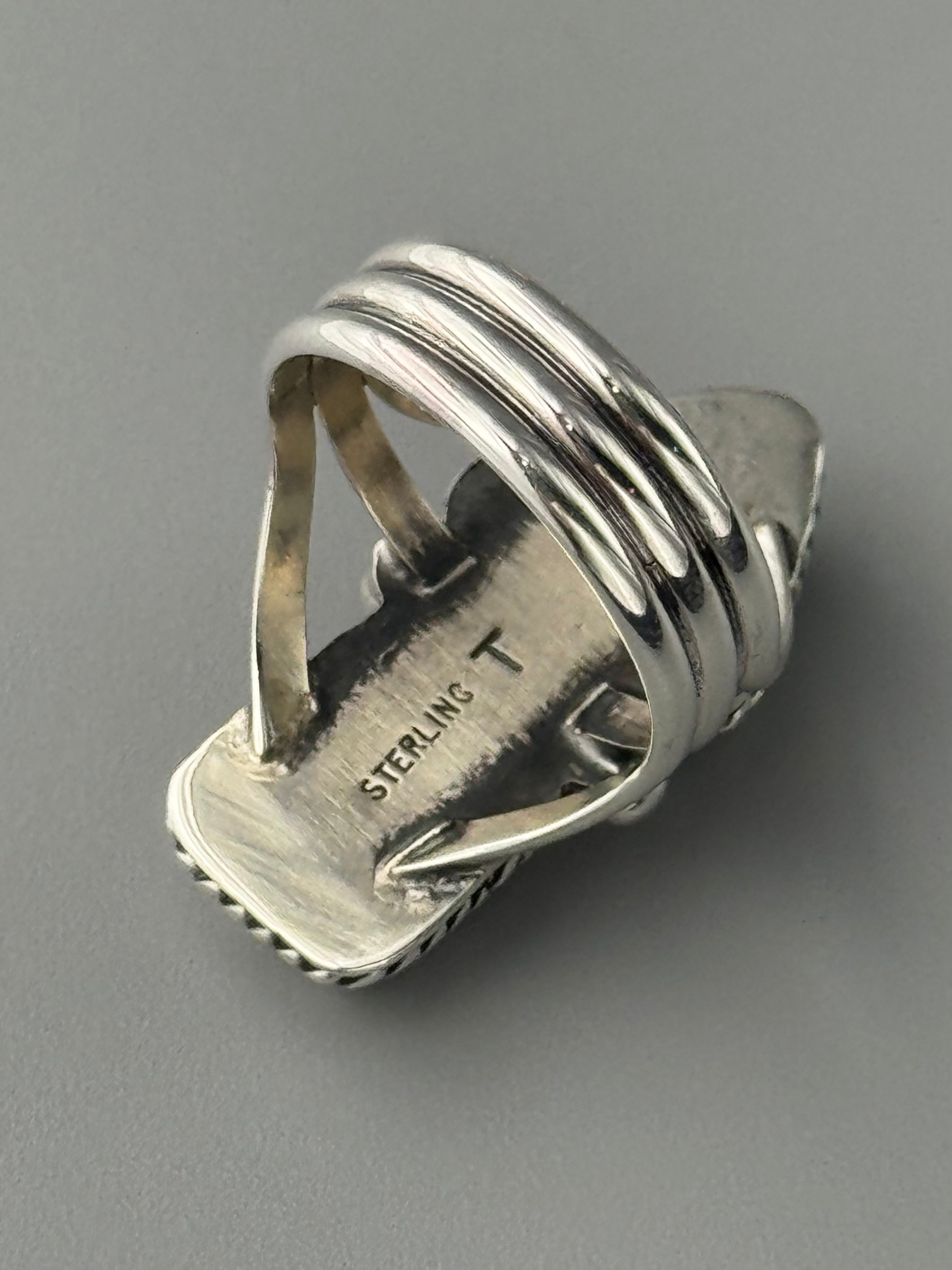 •PYRITIZED TURQUOISE & CORAL - NAAKI• Navajo silver ring (size 7.75)