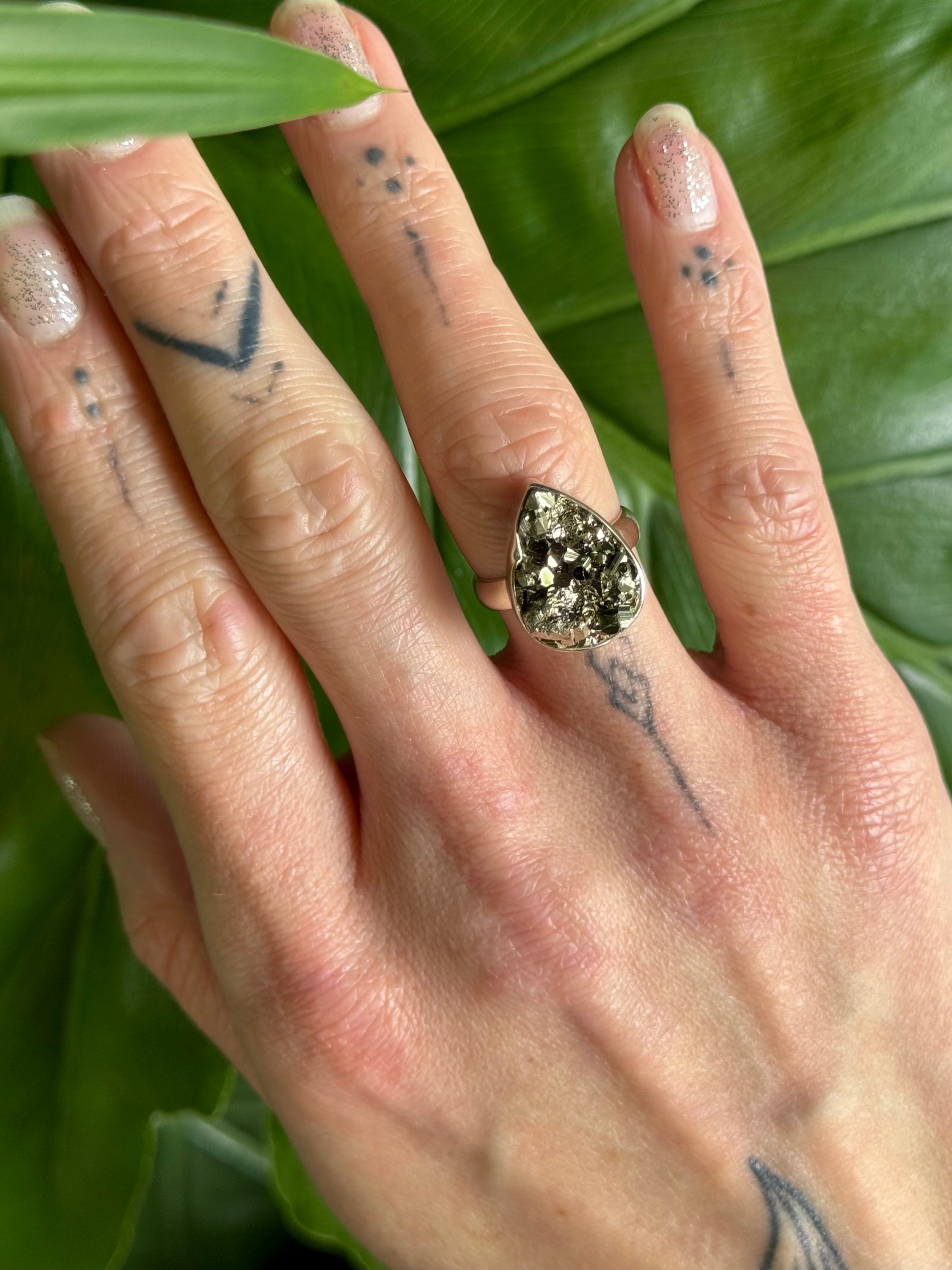 •PYRITE - TEARDROP - 1• silver ring (size 7)