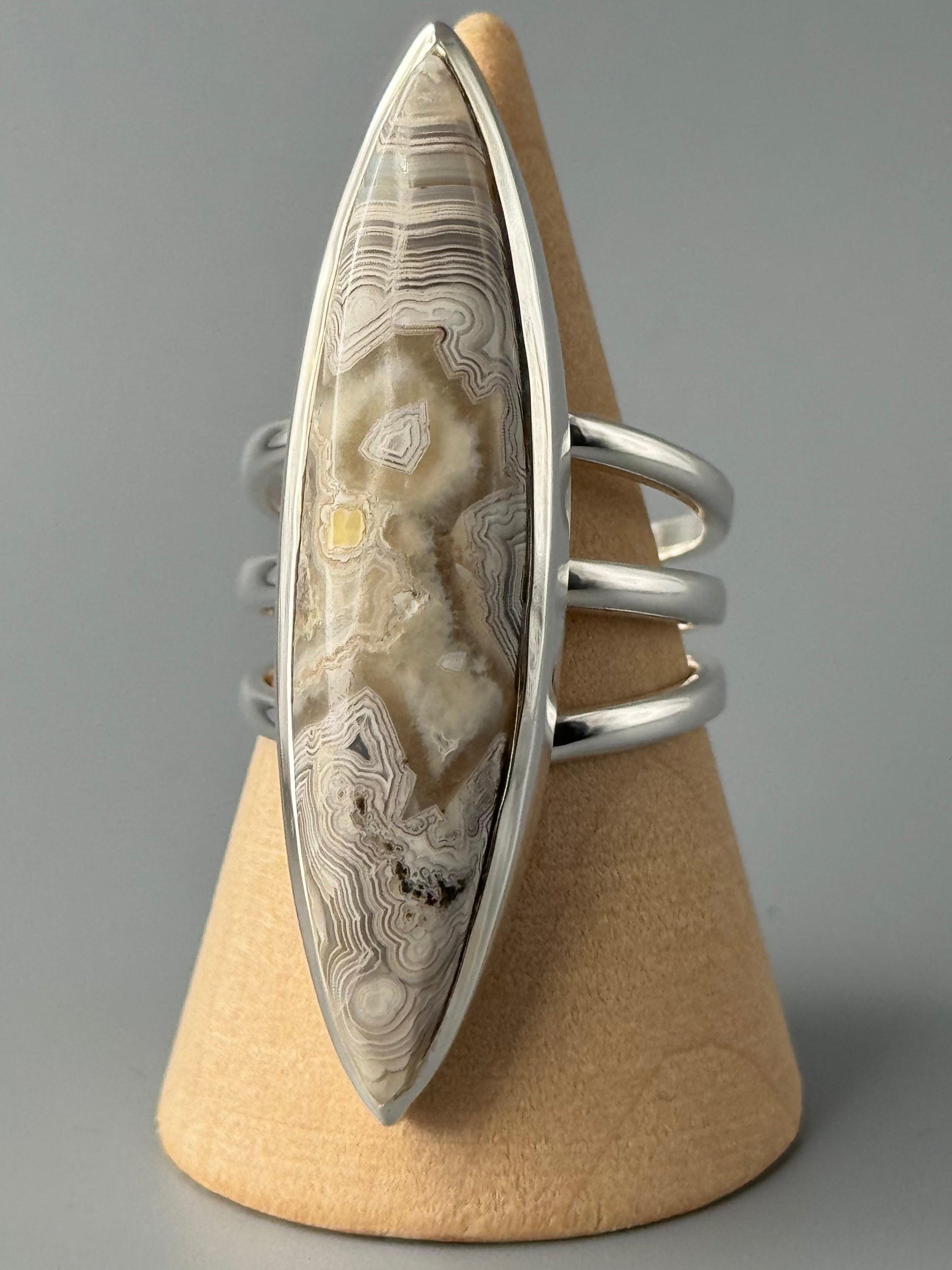 •LACE AGATE - DEEP MARQUISE• split band silver ring (size 9.75)