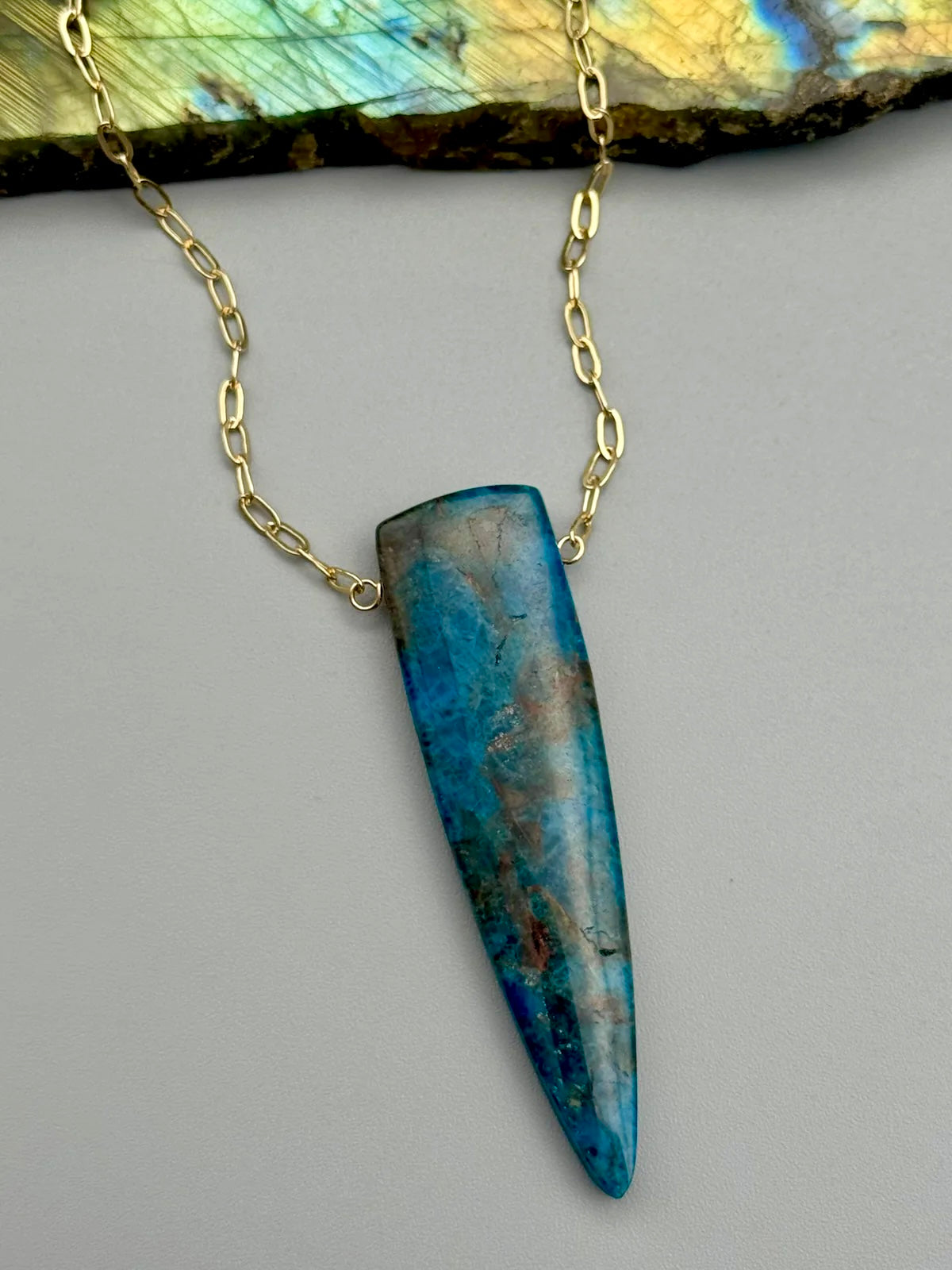•AEON• blue apatite fang + gold necklace (16"-18" long)