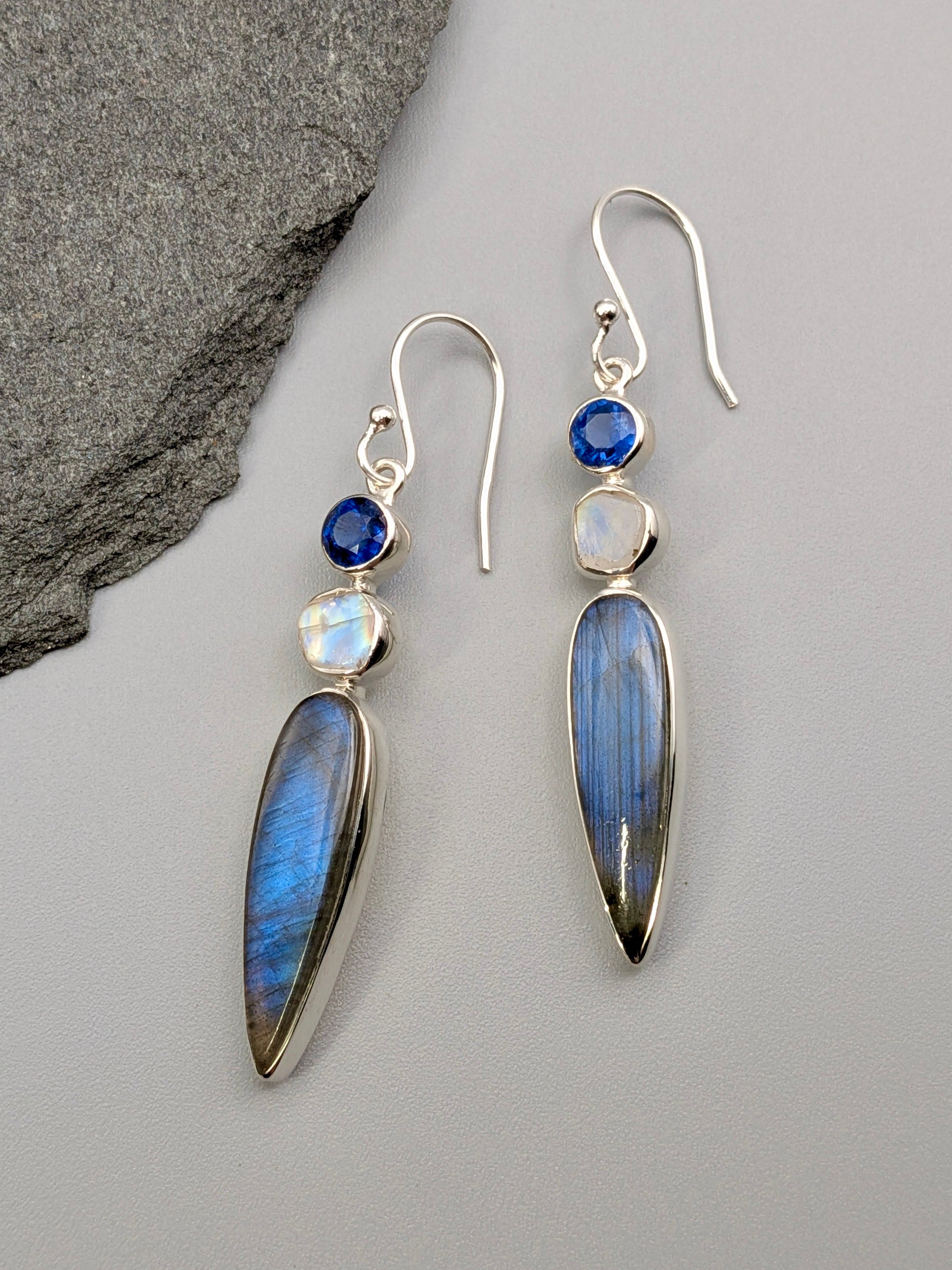 •LABRADORITE SPEAR TEAR + MULTI-STONE• silver dangle earrings