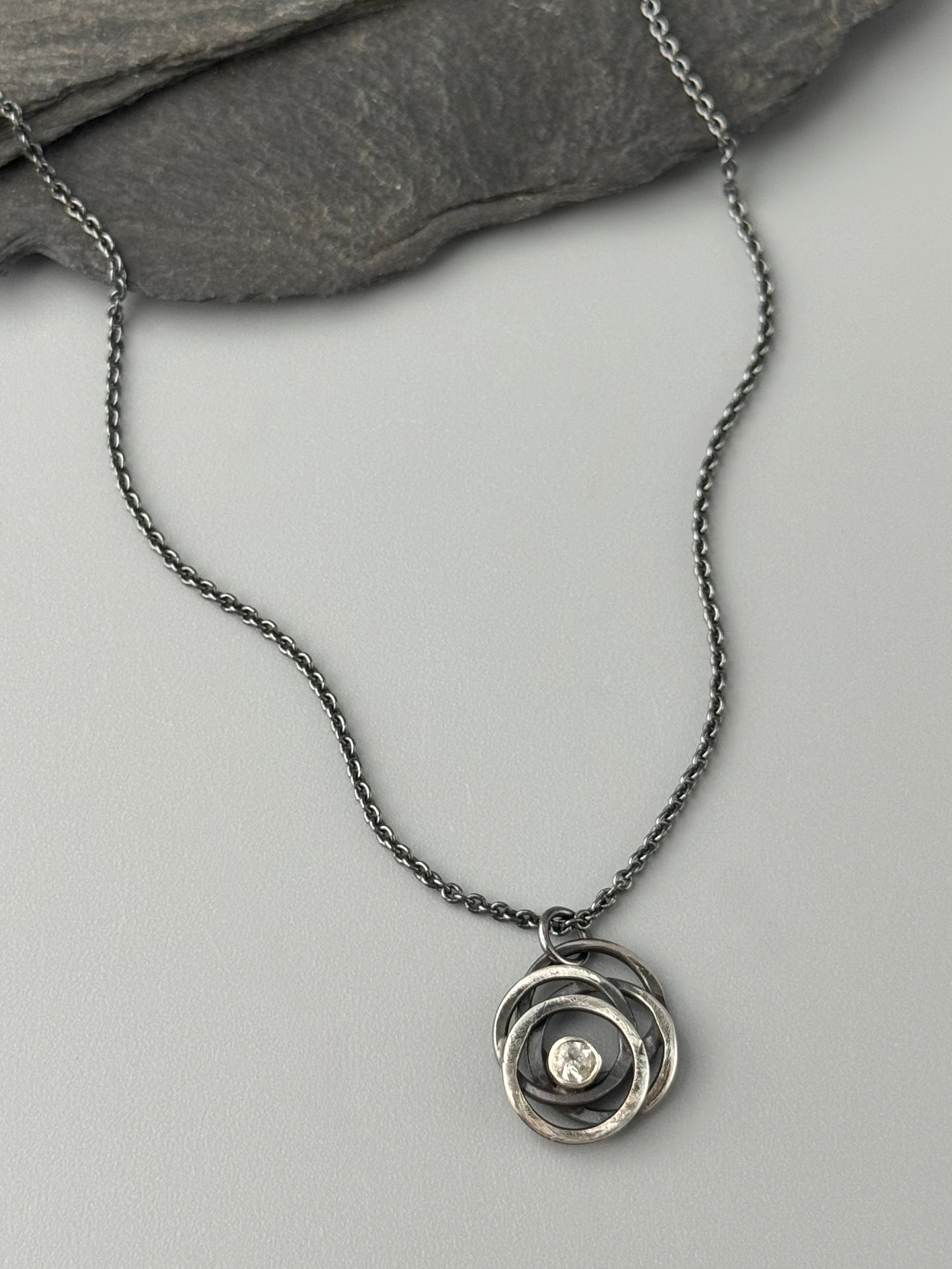 •TINY GALAXY• white topaz + oxidized silver necklace (16" long)