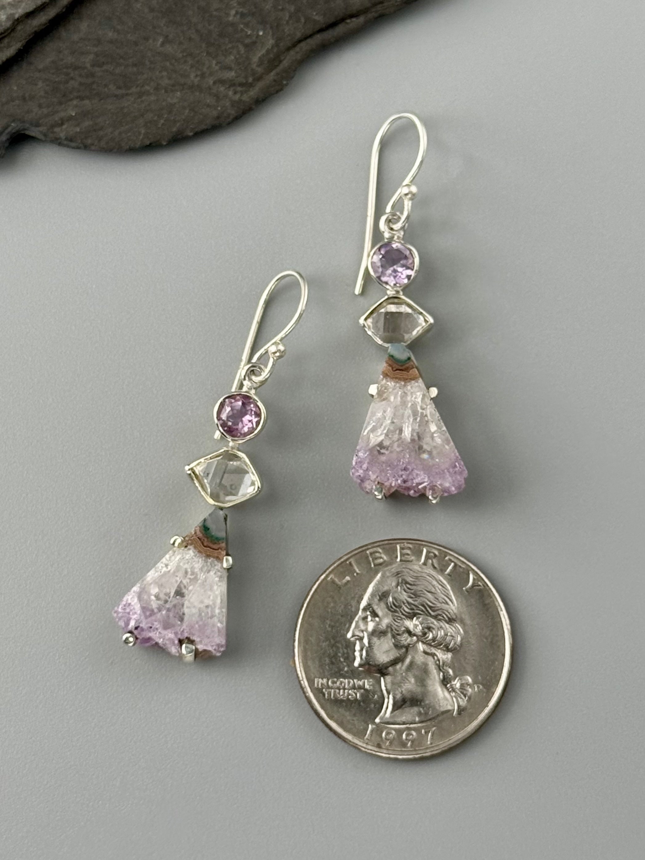 •AMETHYST + HERKIMER TRIO• silver dangle earrings