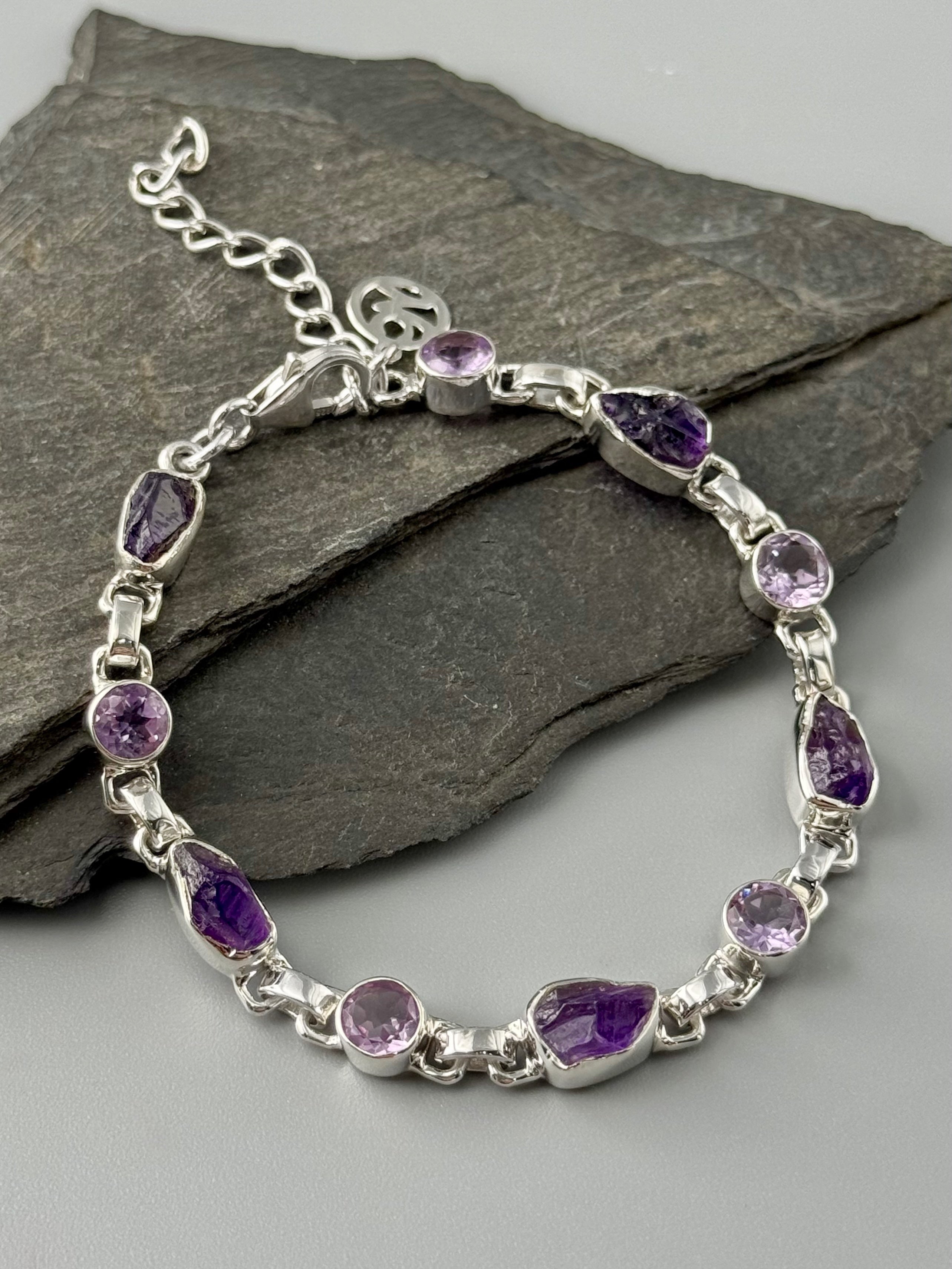 •AMETHYST - FACETED + ORGANIC• linked silver bracelet (6.75" - 8")