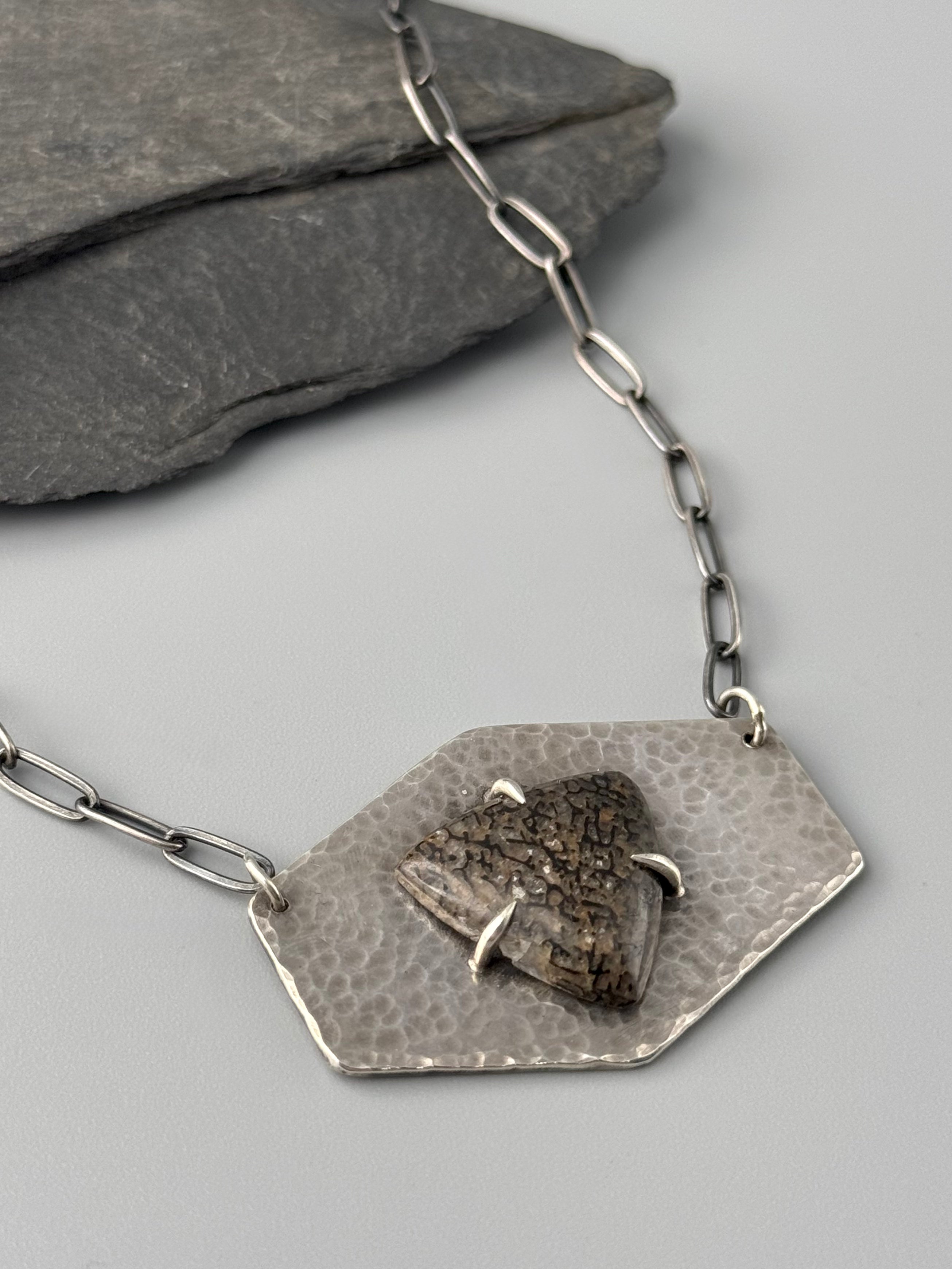 •AGATIZED DINOSAUR BONE• oxidized sterling silver necklace (17.5" long)