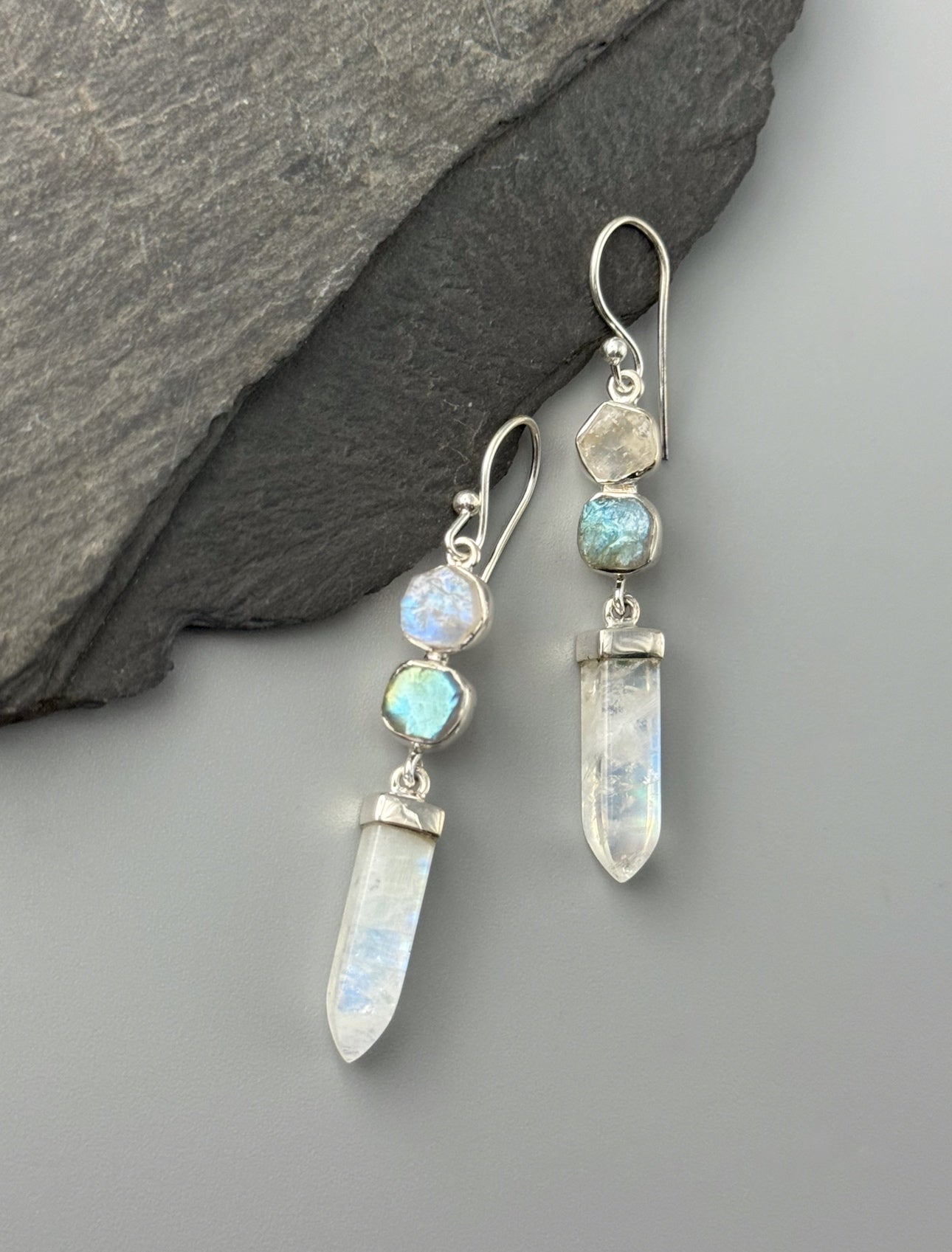 •RAINBOW MOONSTONE + LABRADORITE - DOT DOT DASH• silver dangle earrings