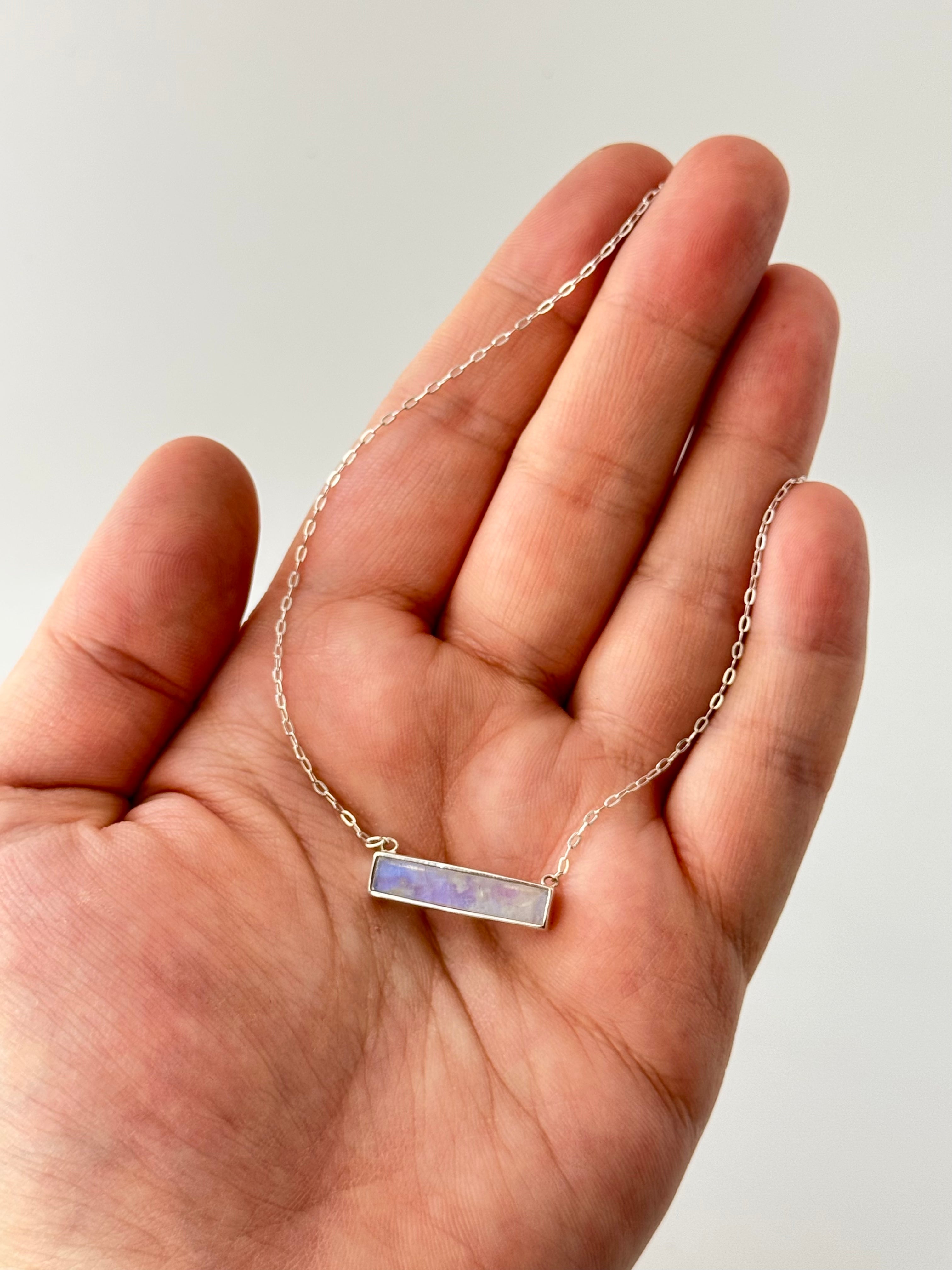 •PETITE BAR• rainbow moonstone + silver necklace (16"-18" long)