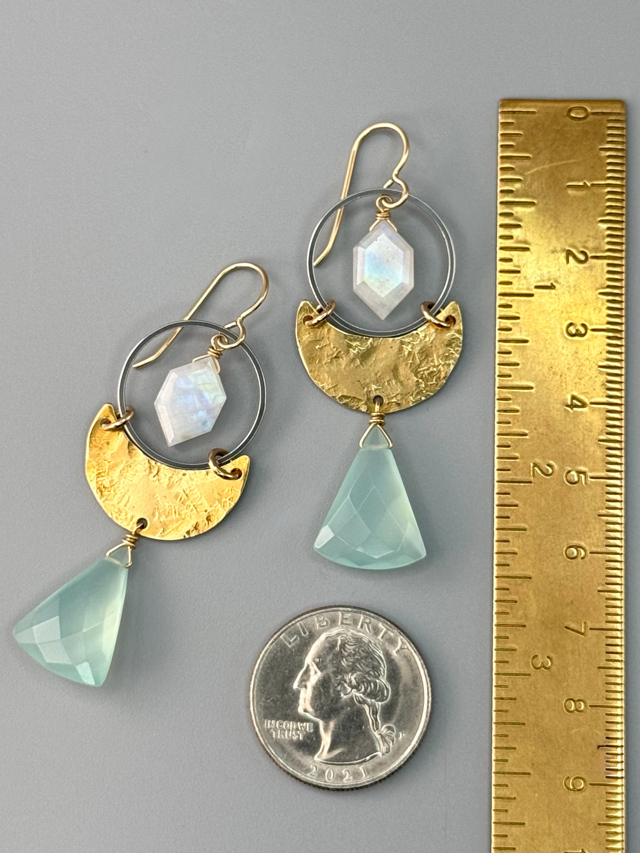 •MOON SHADOW• rainbow moonstone + aqua chalcedony mixed metal earrings